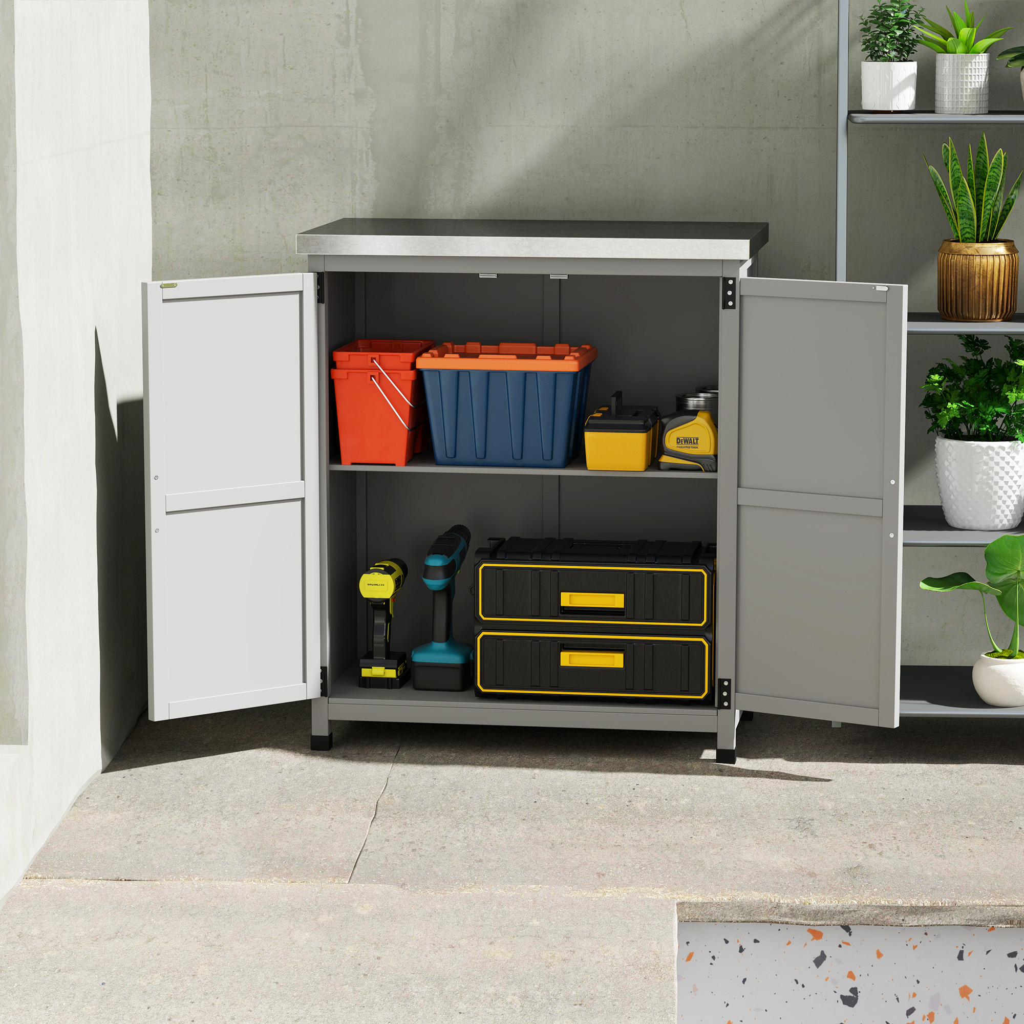 Gartenschrank, Außenschrank mit Arbeitsfläche, Werkzeugschrank, Massivholz, Stahl, 79B x 43T x 92H cm, Grau