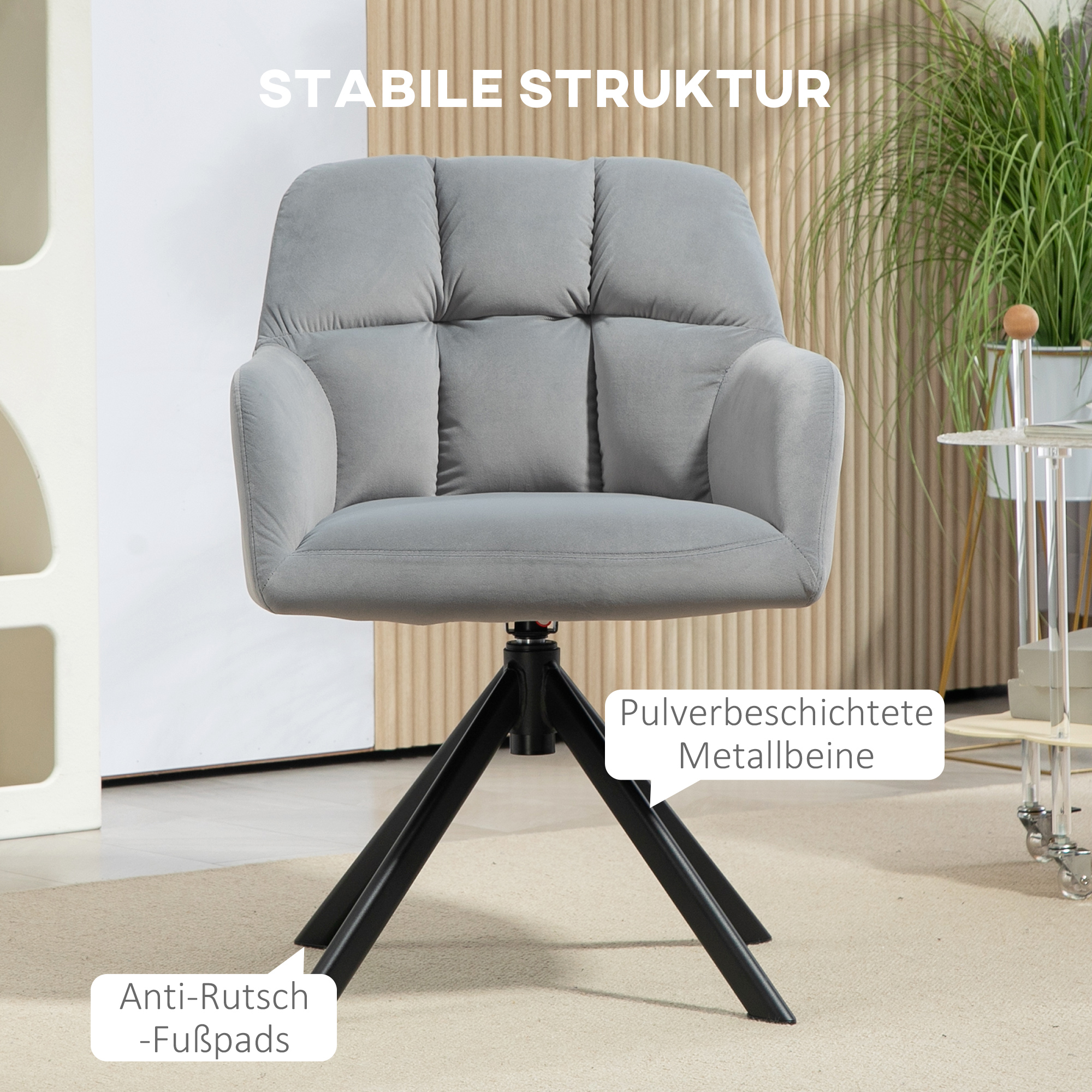 Drehbarer Armstuhl, Moderner Akzentsessel mit Metallbeinen für Wohnzimmer, Schlafzimmer, Büro, Grau