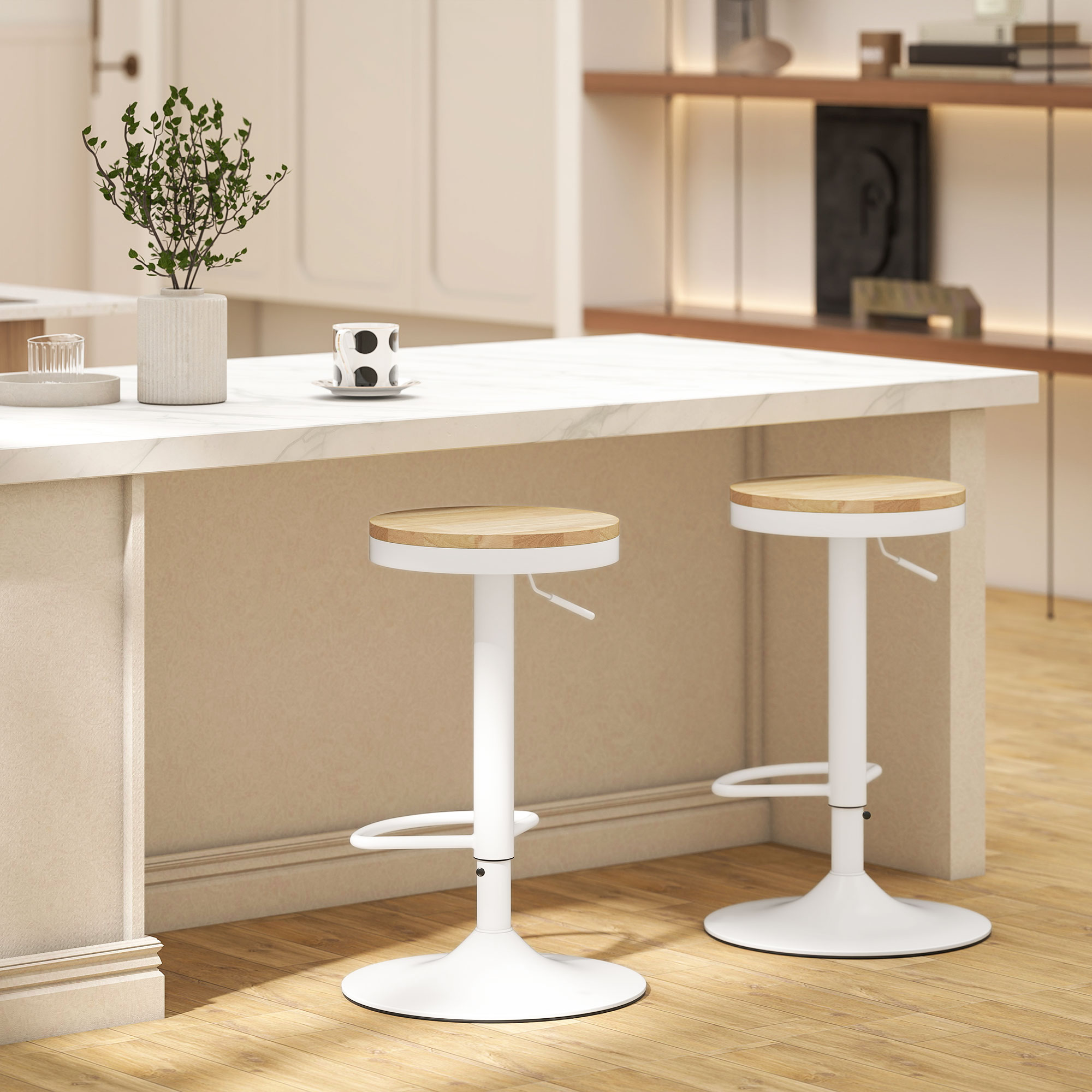Barhocker 2er Set, Höhenverstellbar 360° Drehbar Barstuhl mit Stahlgestell Fußstütze 38,5x38,5x60-80 cm Naturholz+Weiß