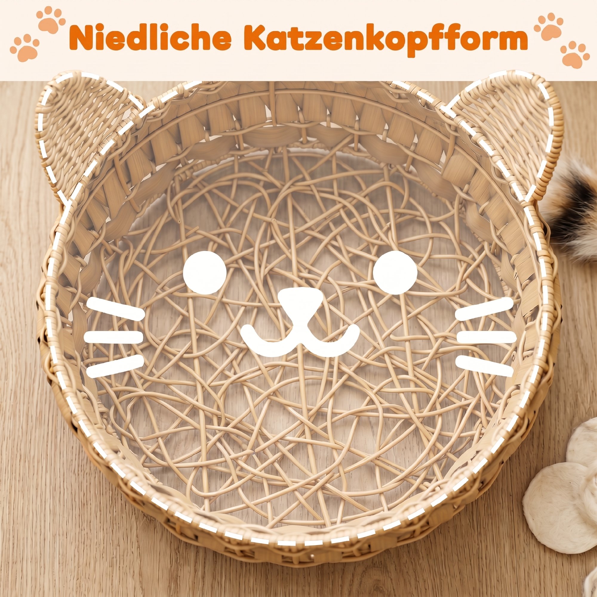 Katzenbett Rattan Katzenhöhle mit abnehmbares Kissen, Katzenkorb für Katzen bis 10 kg, 50 x 50 x 25 cm, Hellbraun