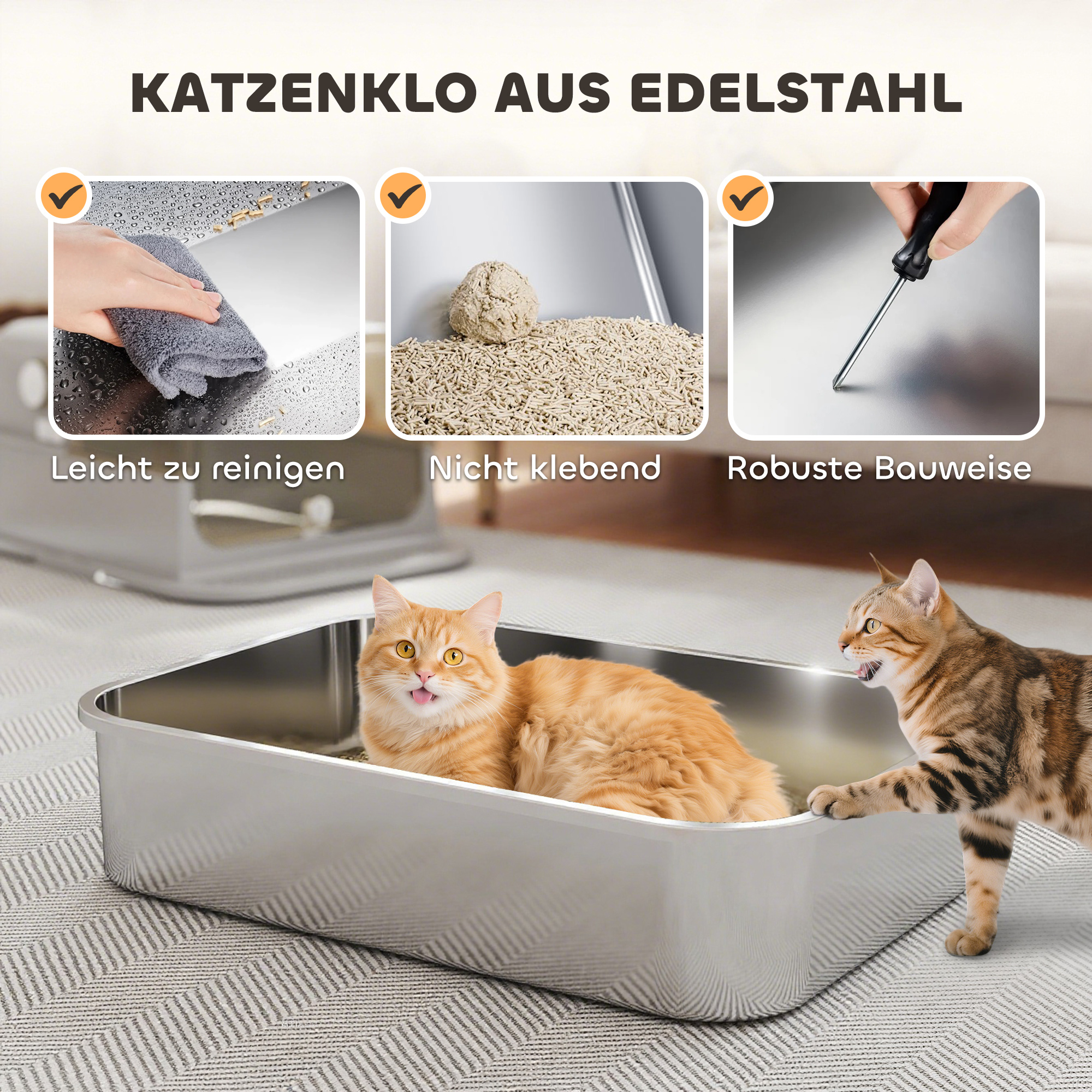 XXL Edelstahl-Katzentoilette mit Klappdeckel, Katzenklo mit Schaufel, für große Katzen bis zu 12 kg, leicht zu reinigen