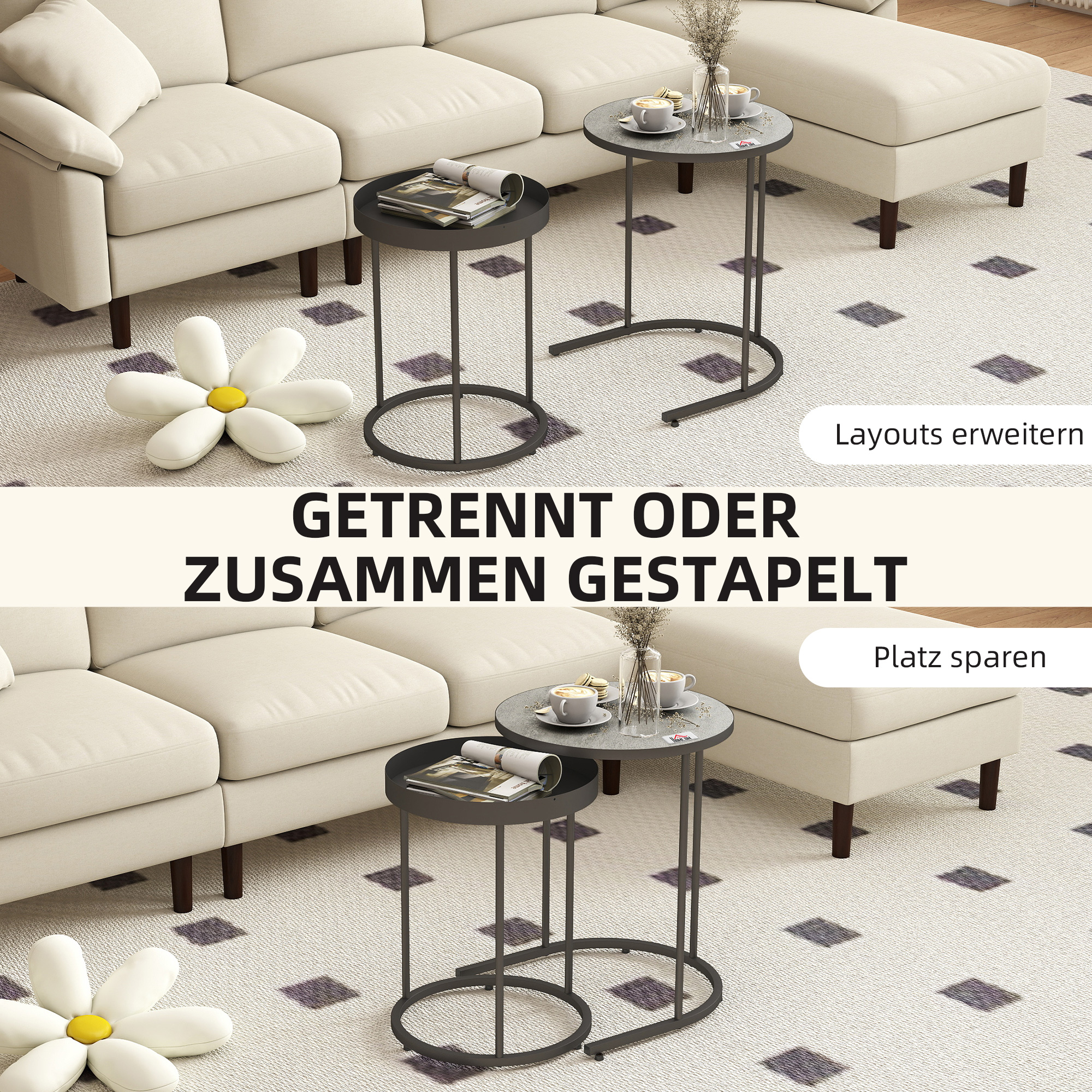 2er-Set Wohnzimmertische, ineinander verschiebbar, Tablett-Design, Metall, Grau