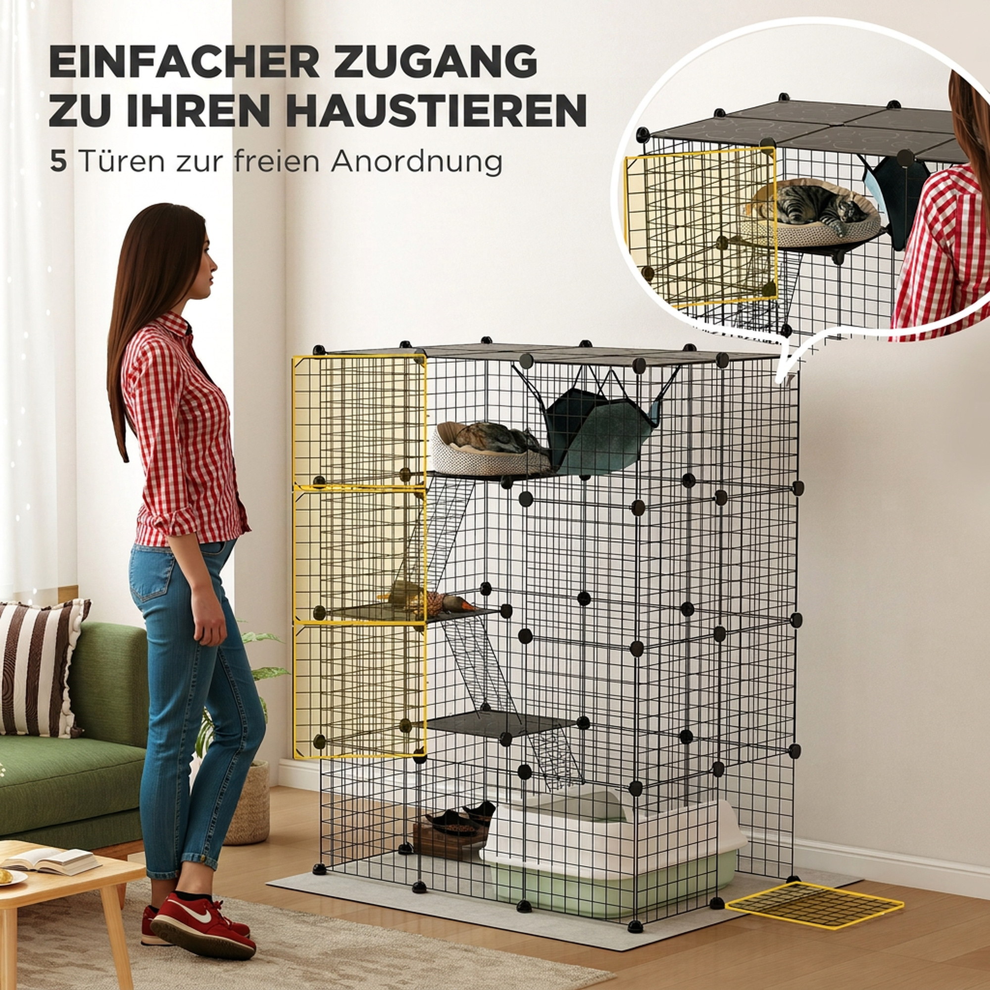 Indoor Katzenkäfig 140 cm, 4-stöckige Stahl-Katzengehege mit 5 Türen, Leitern, Hängematte und Plattform, DIY Schwarz