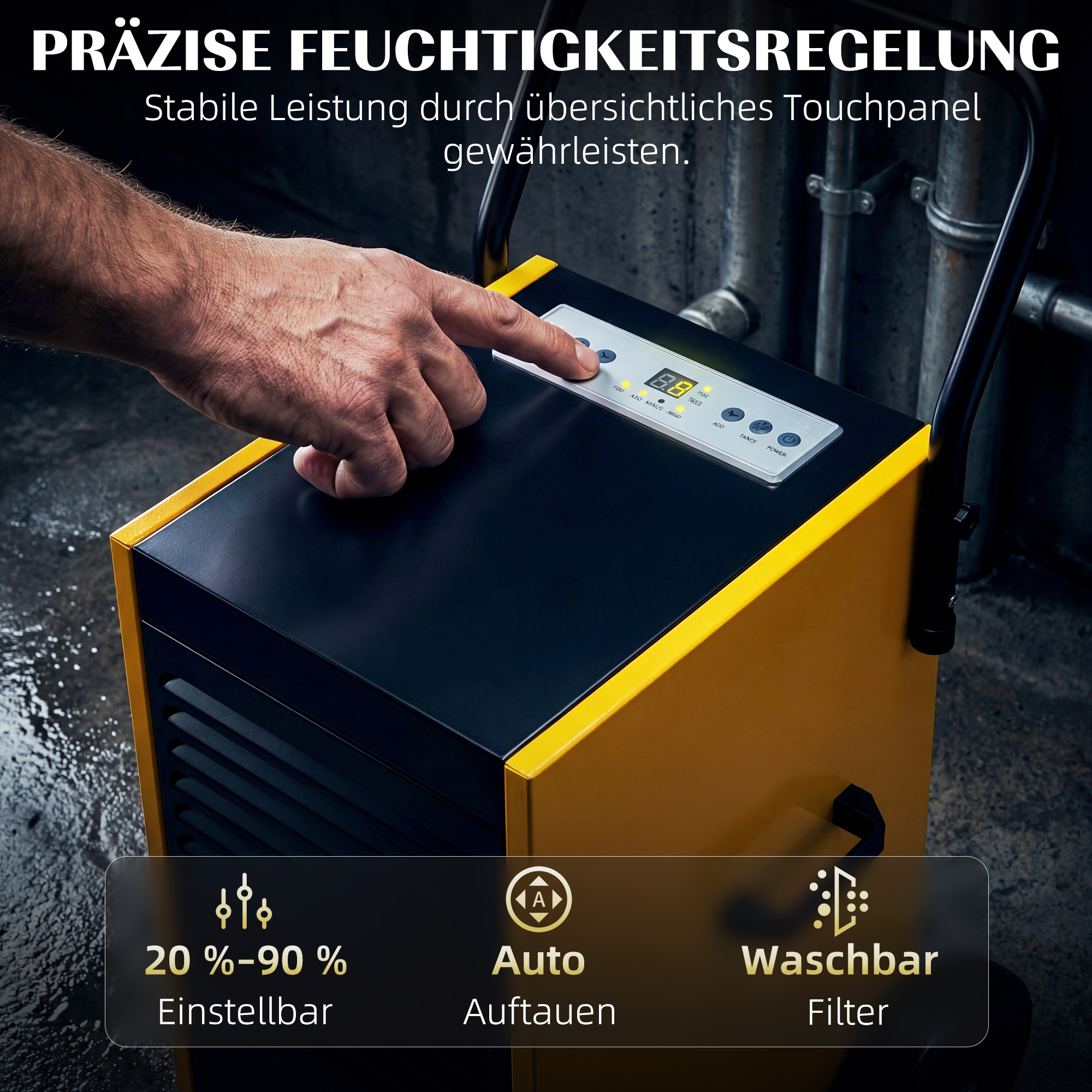 Gewerbe-Luftentfeuchter 70L/Tag mit Rädern und Griff, kontinuierlicher Ablaufschlauch, 24-Stunden-Timer, 5,5L Tank, Gelb