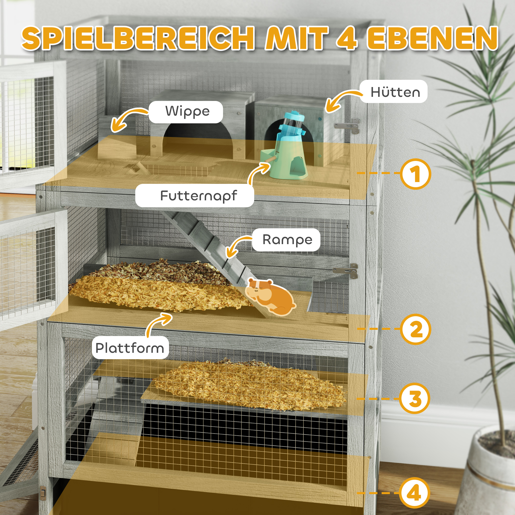 4-stufiger Hamsterkäfig aus Holz, mit Hütten, Wippe, Futterschalen, Rampen, Rollen, 65 x 45 x 109 cm, Grau