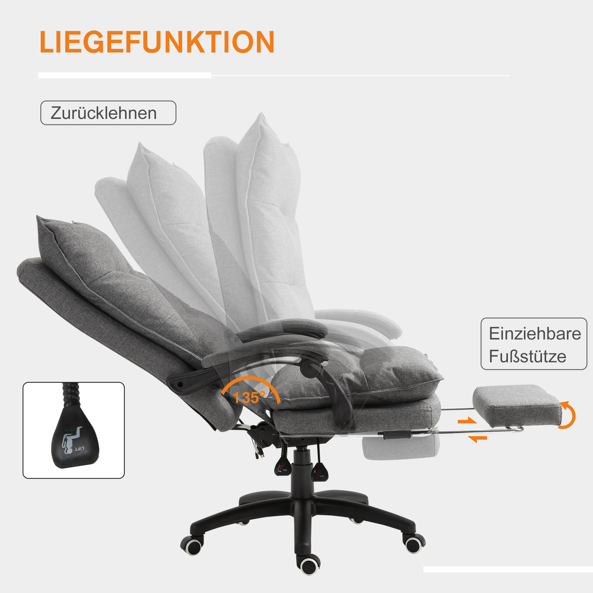 Massage-Bürostuhl, Schreibtischsessel mit Massagefunktion, höhenverstellbarer, ergonomischer Drehstuhl, Nylon, Grau