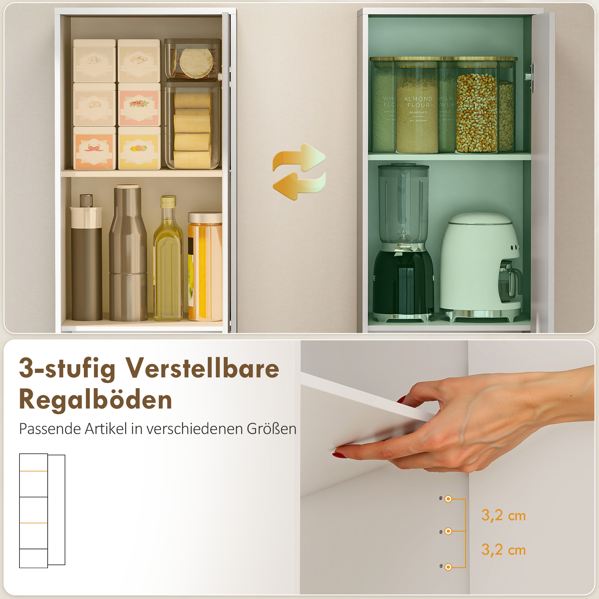 Küchenschrank, 5-Ebenen-Aufbewahrungsschrank, verstellbare Regale, für Wohnzimmer, Küche, Vorratskammer, Holz, Weiß