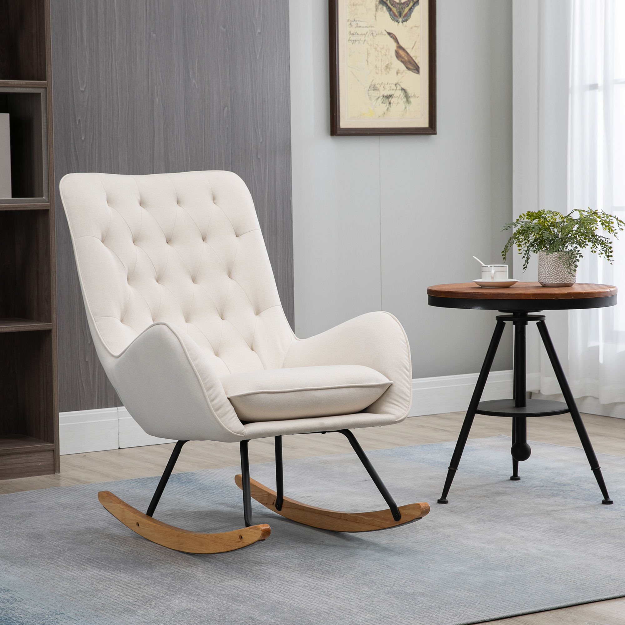 Schaukelstuhl im Skandi-Design Relaxsessel, Knopfheftung, 69 cm x 90 cm x 100 cm, Creme + Natur + Schwarz