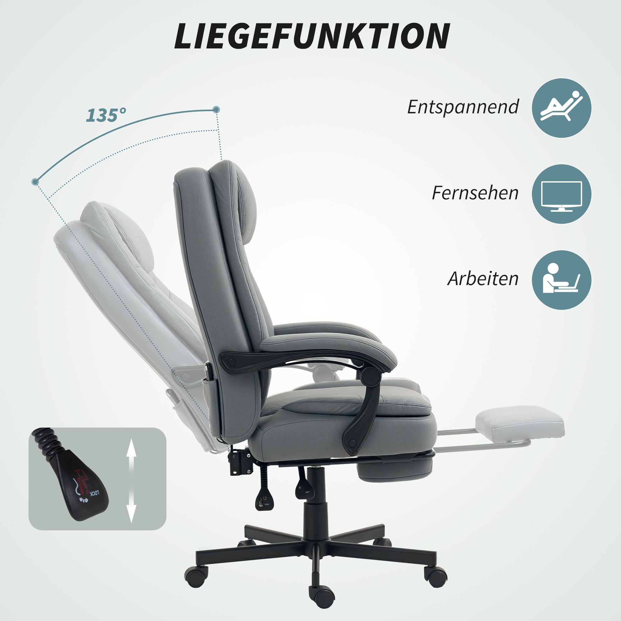 Bürostuhl mit Massagefunktion, höhenverstellbarer Schreibtischstuhl mit neigbarer Rückenlehne, gepolstert, rollbar, Grau
