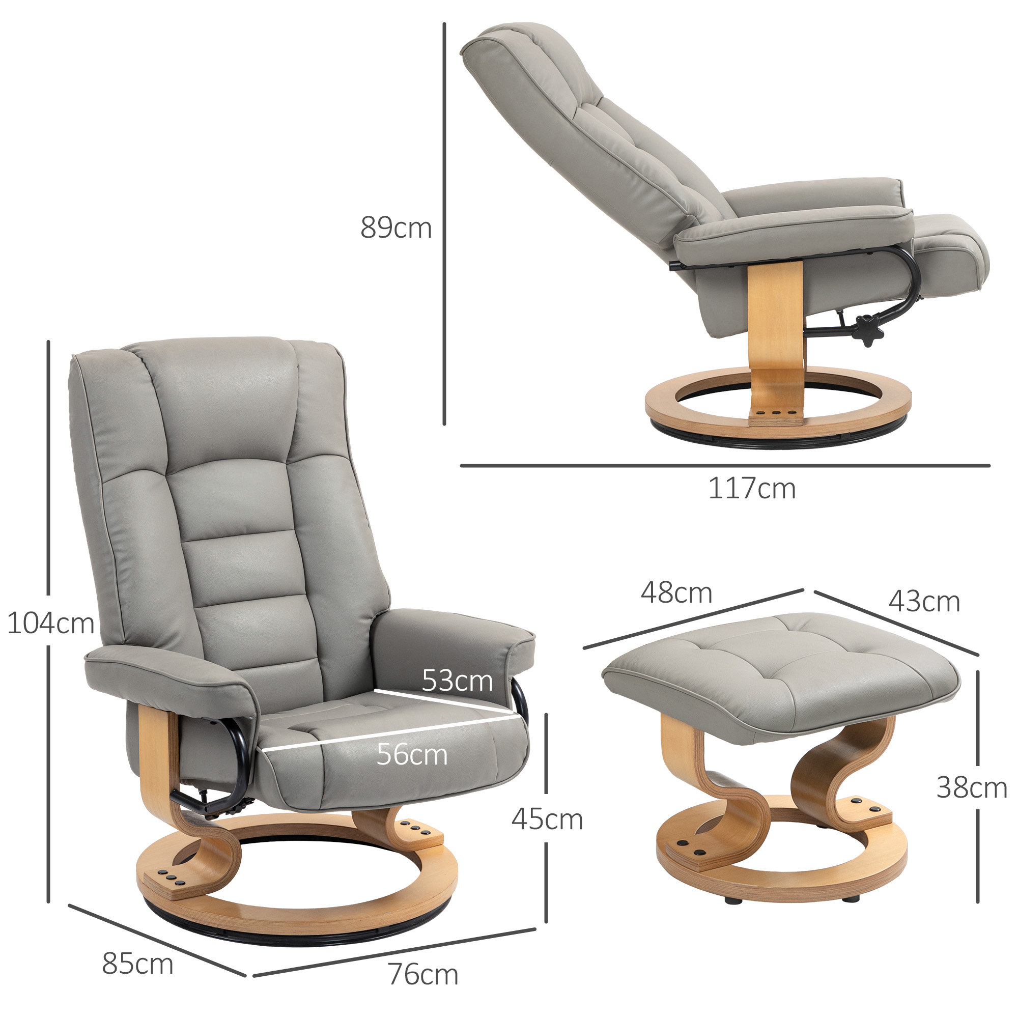 Relaxsessel mit Hocker, drehbar & neigbar, Kunstlederbezug, bis 150 kg, Holzgestell, Grau