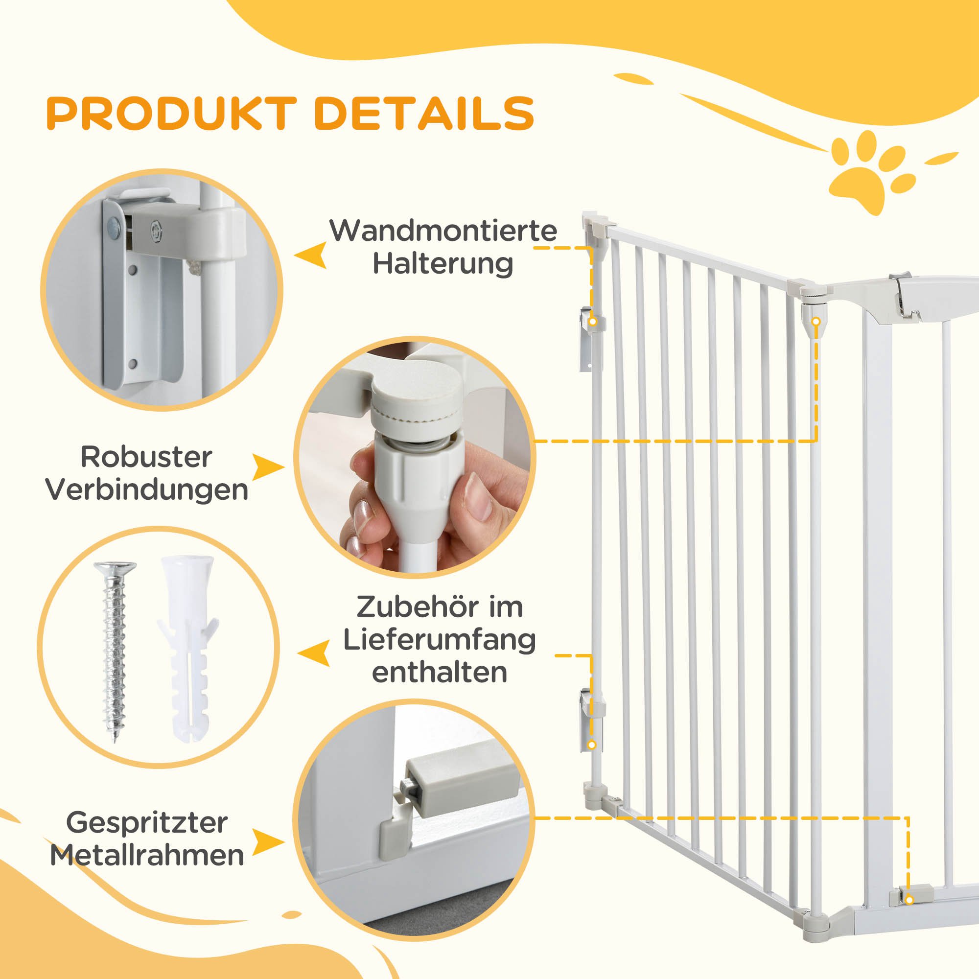 Absperrgitter Hund Freistehendes Schutzgitter 180 x 74,5 cm Hundegitter Klappbar Türschutzgitter Treppengitter Hundeabsperrgitter für Treppen, Türen, Küche, Flur, 3 Paneelen, Weiß