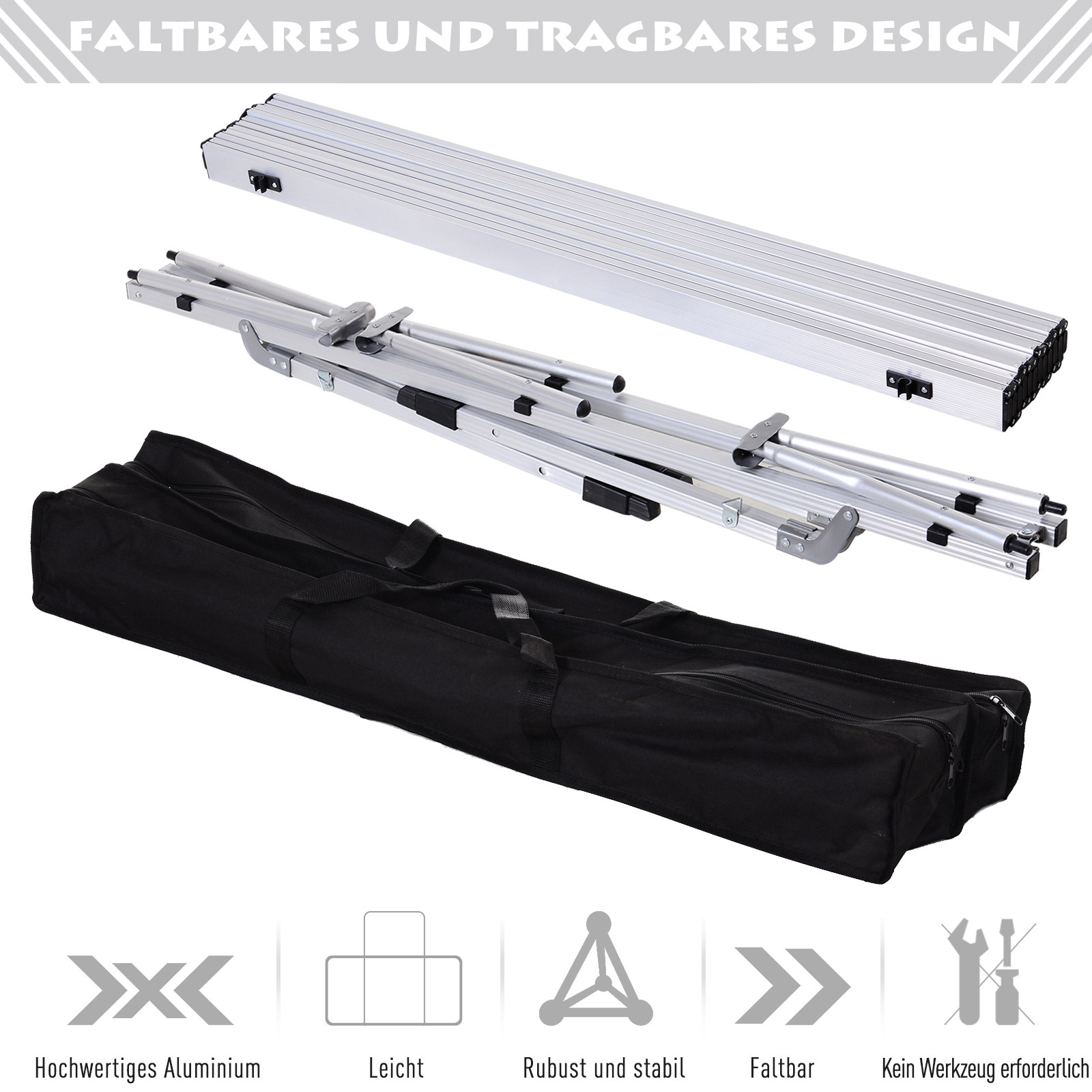 Picknick Klapptisch, Falttisch, Höhenverstellbarer Campingtisch, Inkl. Tragetasche, Aluminium, Silber, 120 x 69 x 59-78 cm