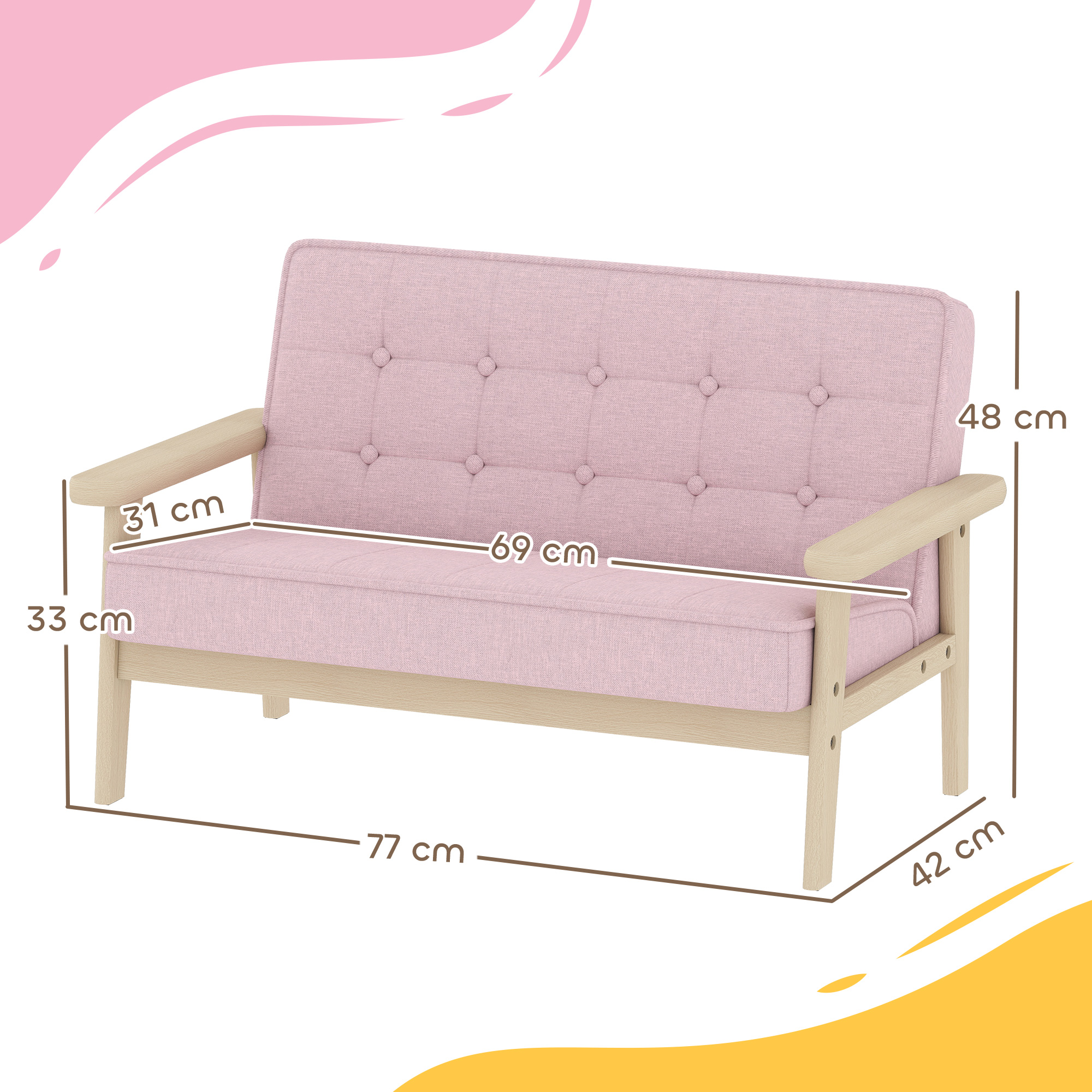 Kindersessel, Kindersofa mit Holzrahmen, Samtoptik, gepolstert, für Kinder von 3-15 Jahren Rosa