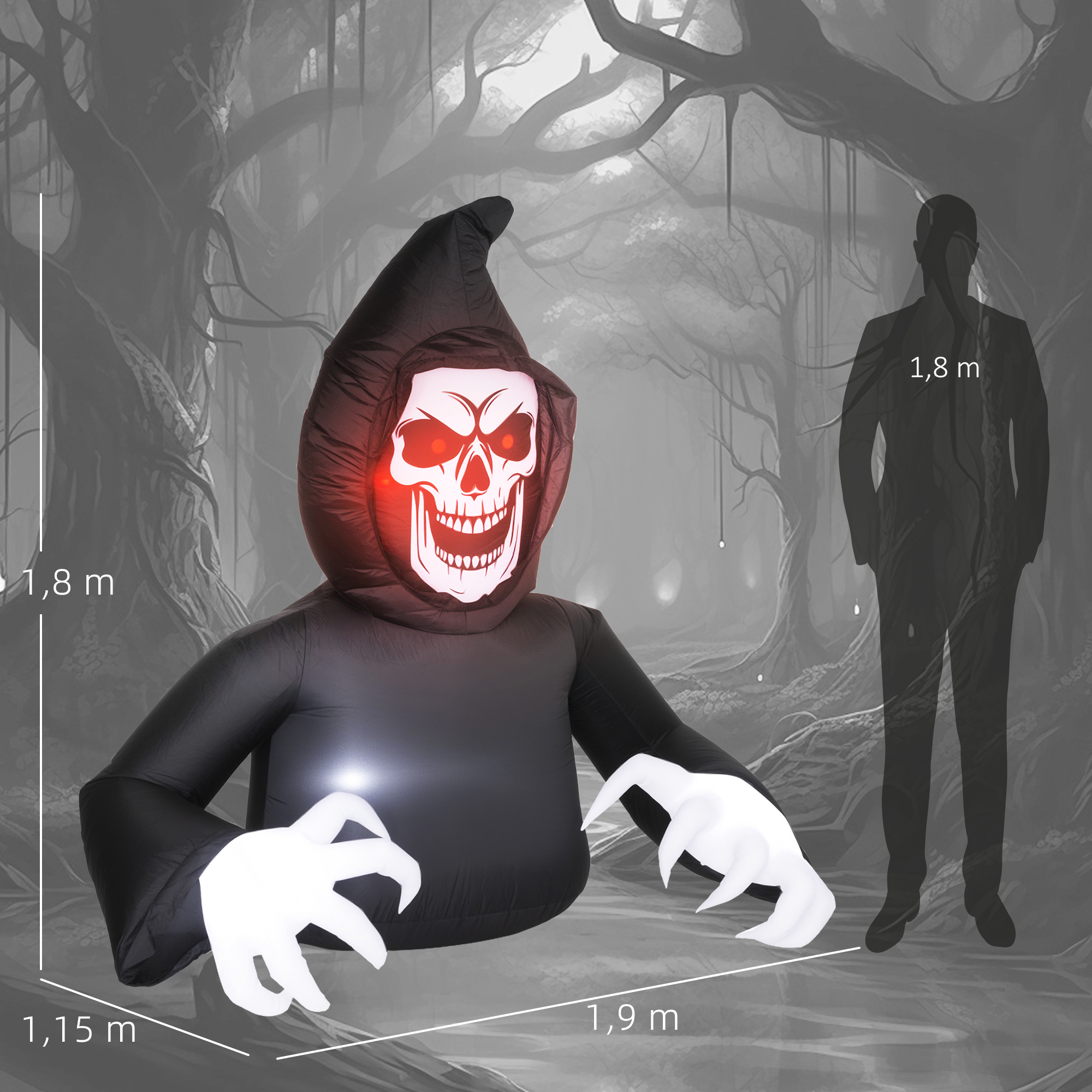 Aufblasbare Halloween-Dekoration, Sensenmann, LED-Leuchten, Gebläse, Kabel