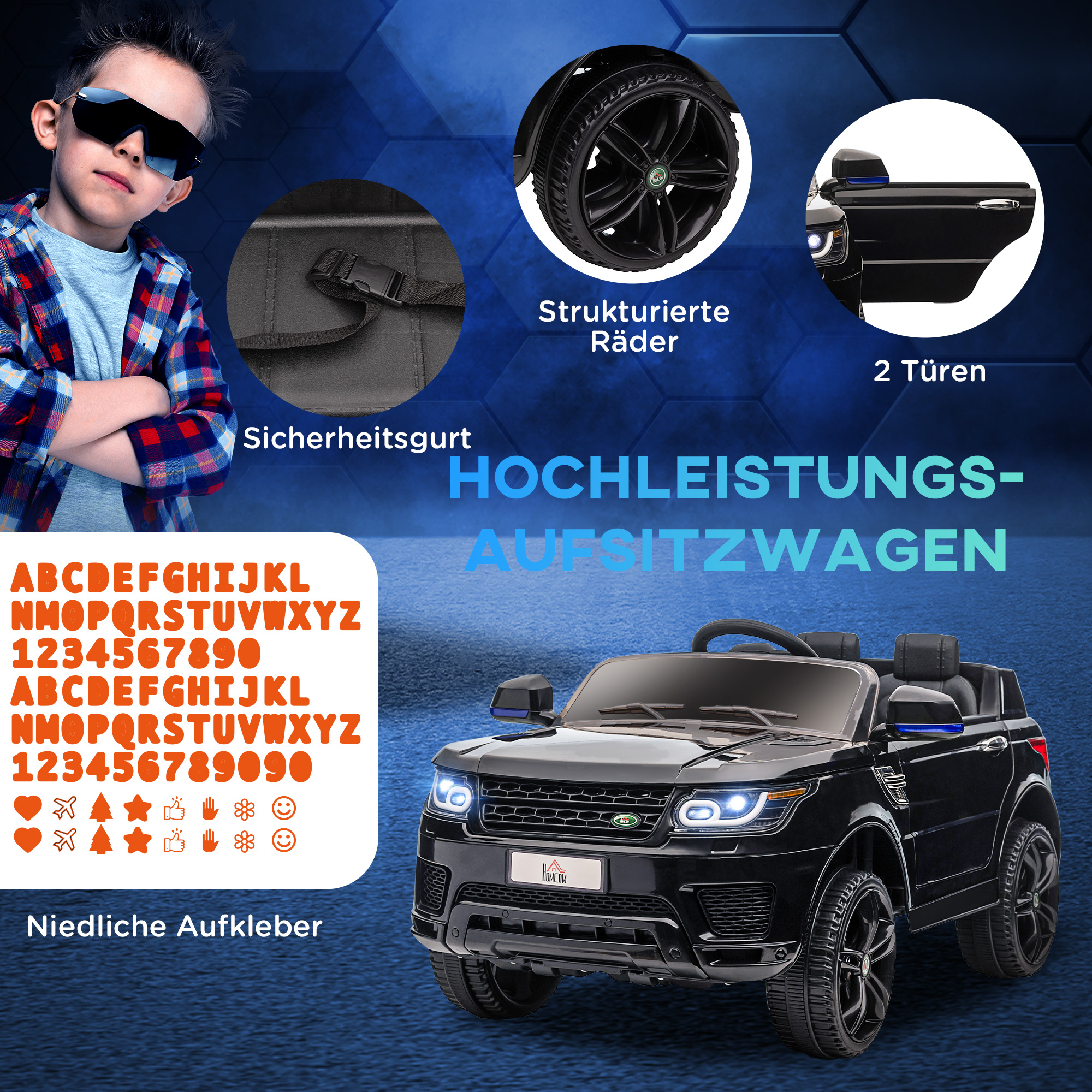 Kinder-Elektroauto SUV, bis 5 kmh/h, mit Sicherheitsgurt, Fernbedienung, Scheinwerfern, Musikfunktion, schwarz