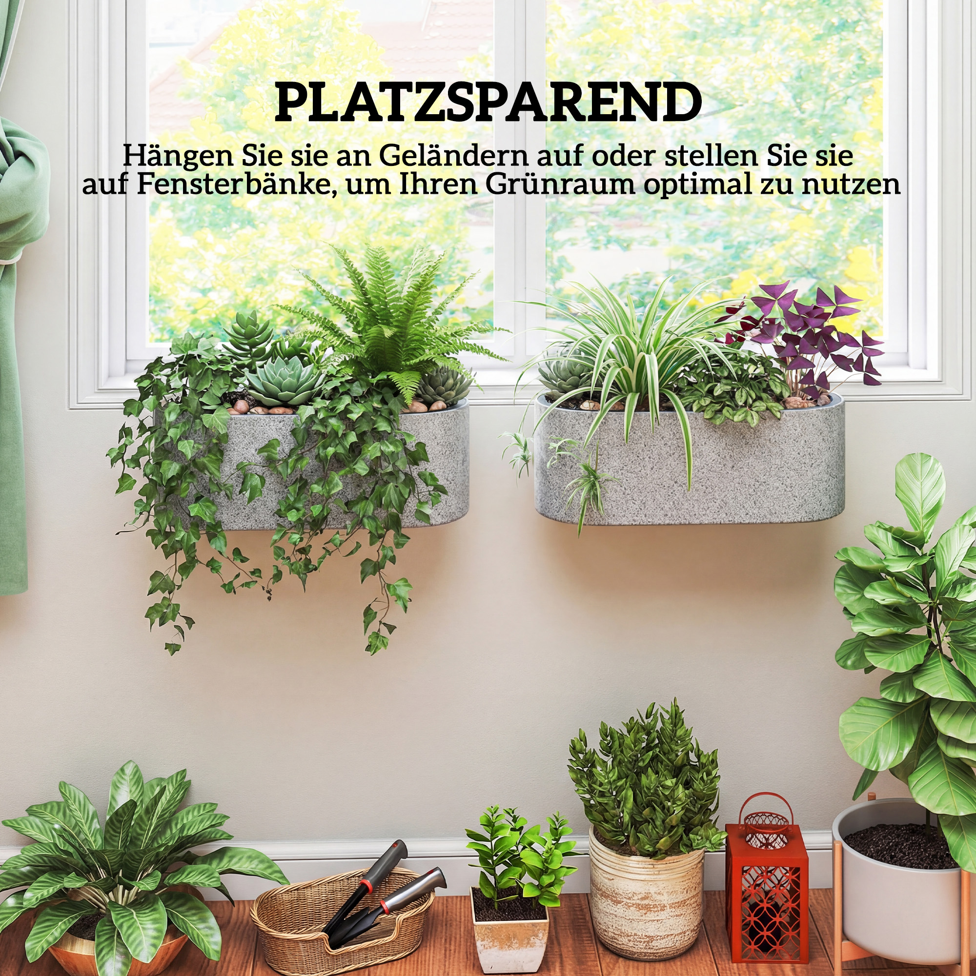 2er Set Blumentopf Hängend Pflanzkübel mit Ablaufsystem Loch Haken 42 x 16 x 15 cm Hellgrau