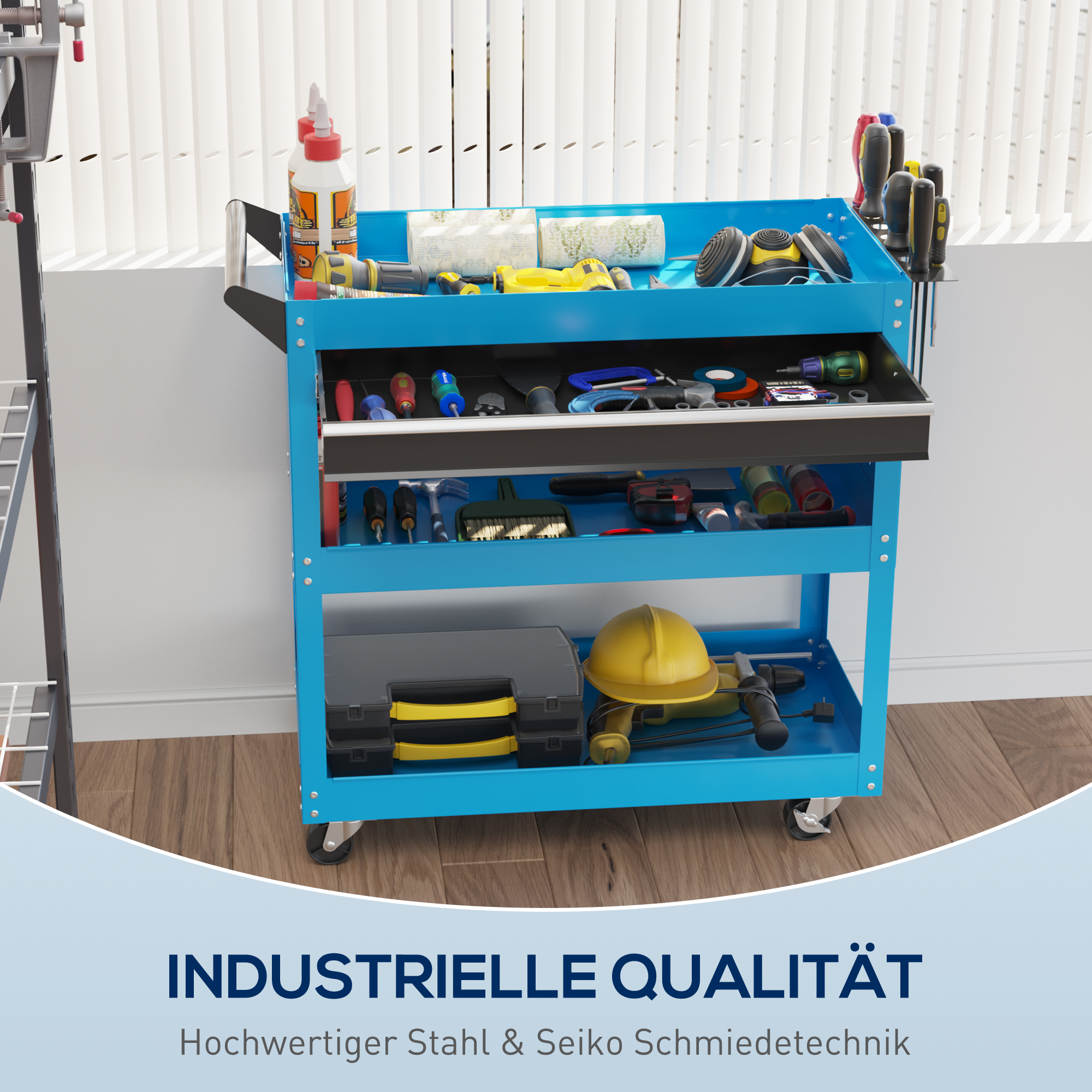 Werkzeugkoffer Werkzeugtrolley Werkzeugbox, 3 Ebenen, 4 Rollen, 82 cm x 35 cm x 76 cm, Blau