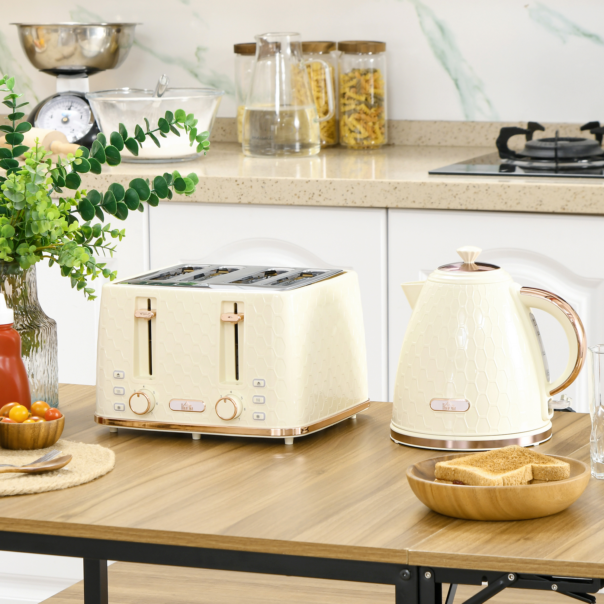2-in-1 Küchenset, Toaster und Wasserkocher, mehrere Optionen, 1,7 L, 4 Toastscheiben gleichzeitig, Kunststoff, Beige