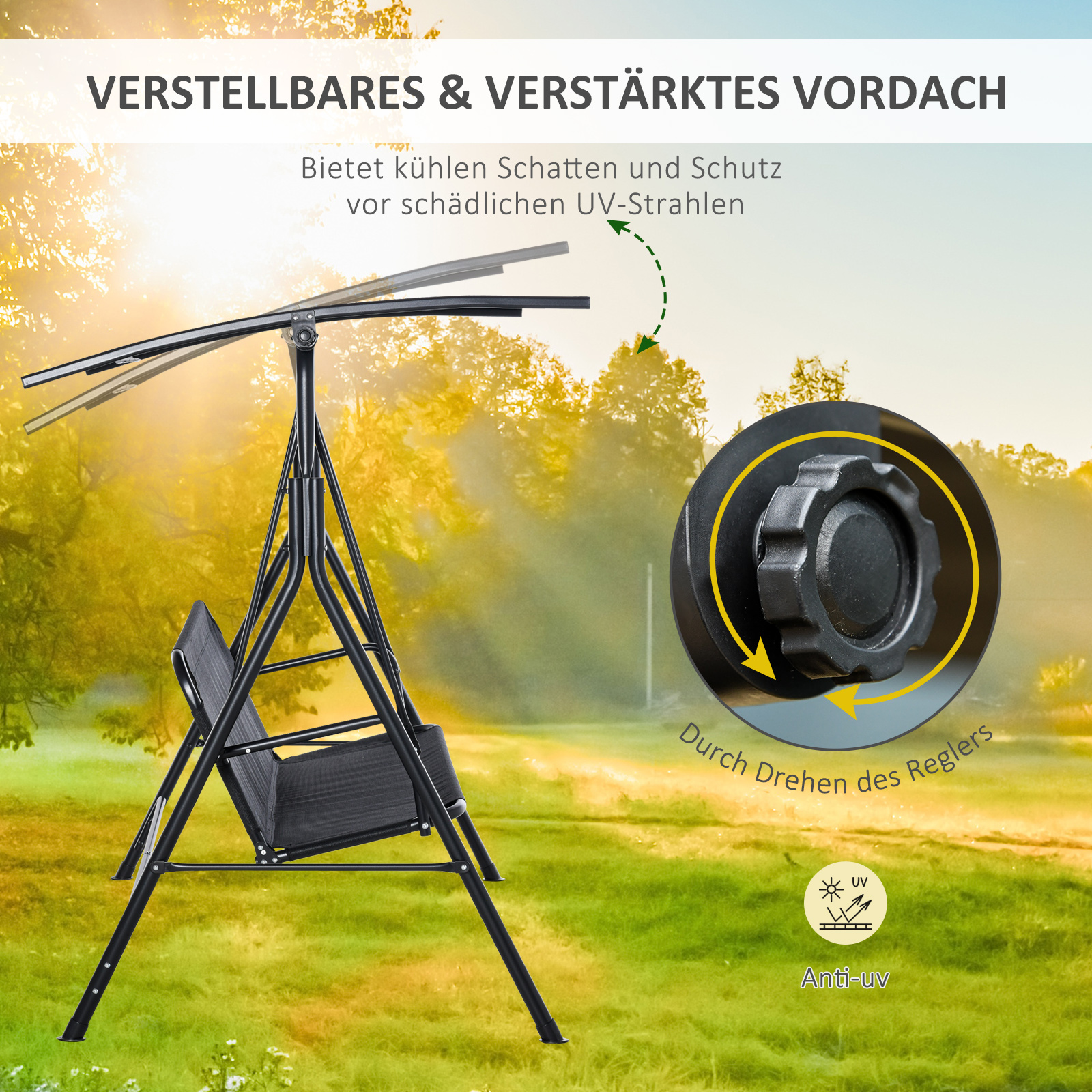 2-Sitzer Hollywoodschaukel Outdoor Gartenliege UV-beständig Hochwertiges Metallrohr winkeleinstellbar Schwarz