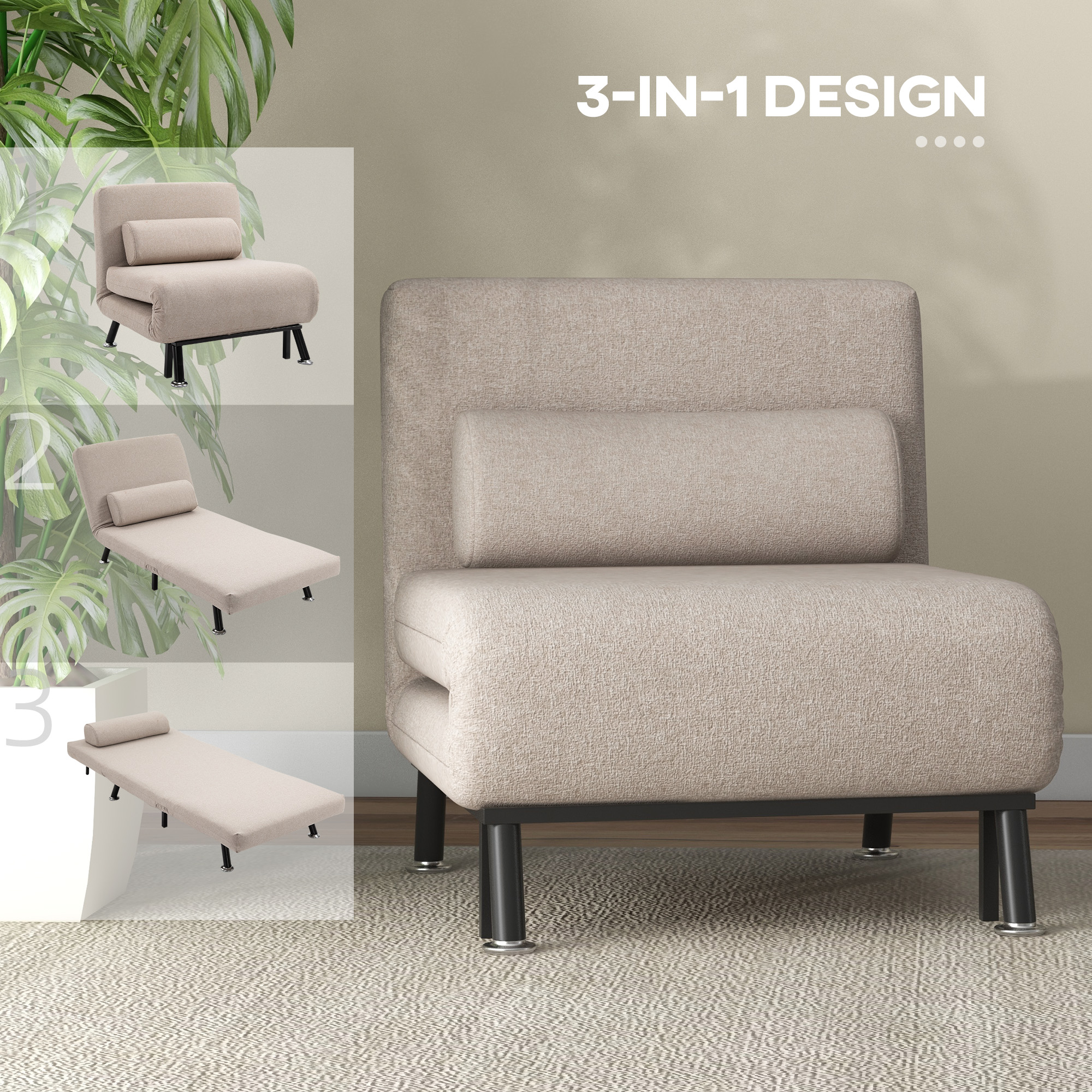 Klappsessel mit Bettfunktion, klappbarer Relaxsessel in Leinenoptik, Verstellbare Rückenlehne, 75 x 70 x 75 cm, Beige
