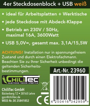 4-fach Steckdosenblock, USB-A+C, weiß / 250V~/ 16A, USB 3,1A, PD, mit Klappen