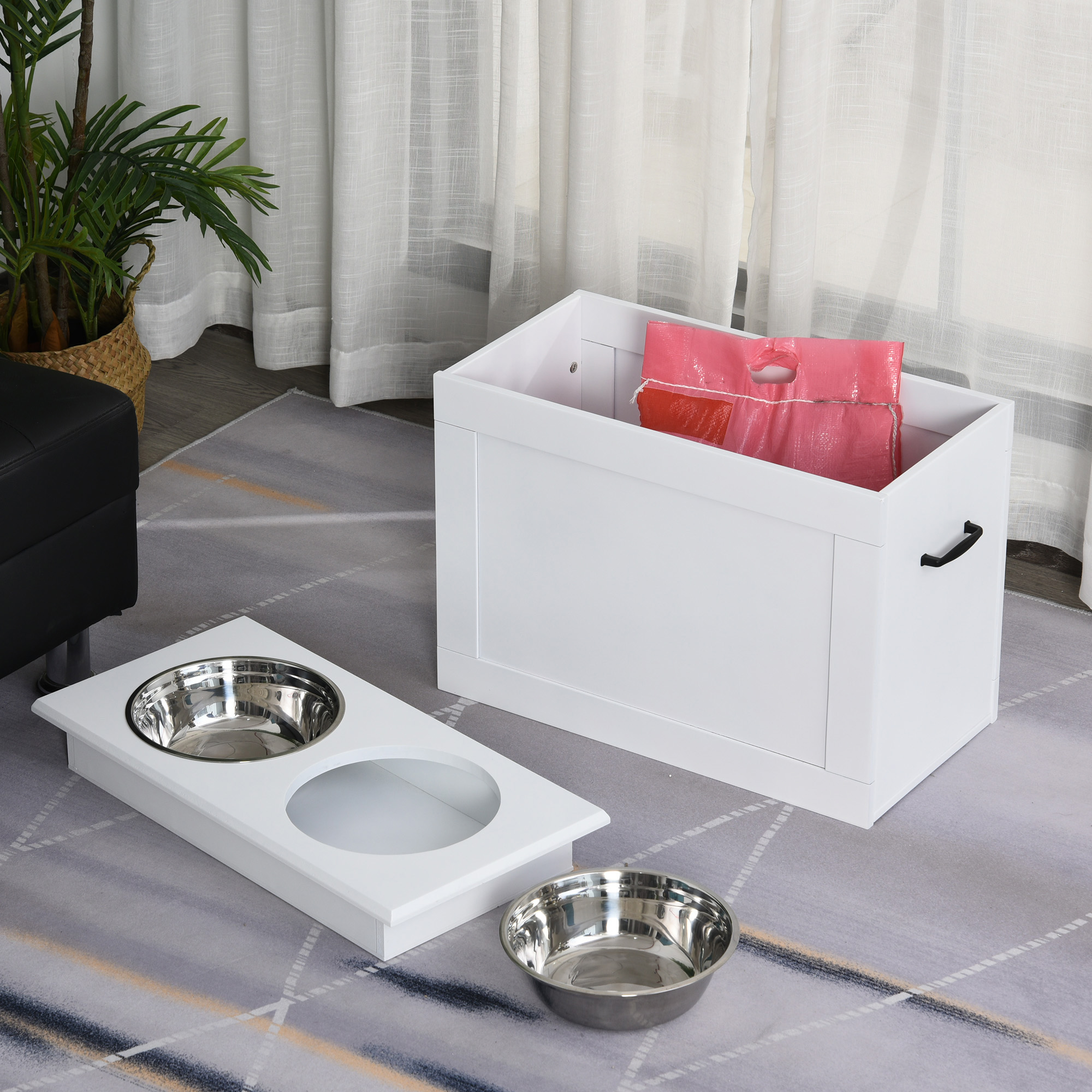 erhöhter Hundenapf Futternapf mit Staumraum Wassernapf 2 x 2000ml Edelstahlnäpfen Hundenäpfe Fressnapf Futterstation für Hunde Katzen Weiß