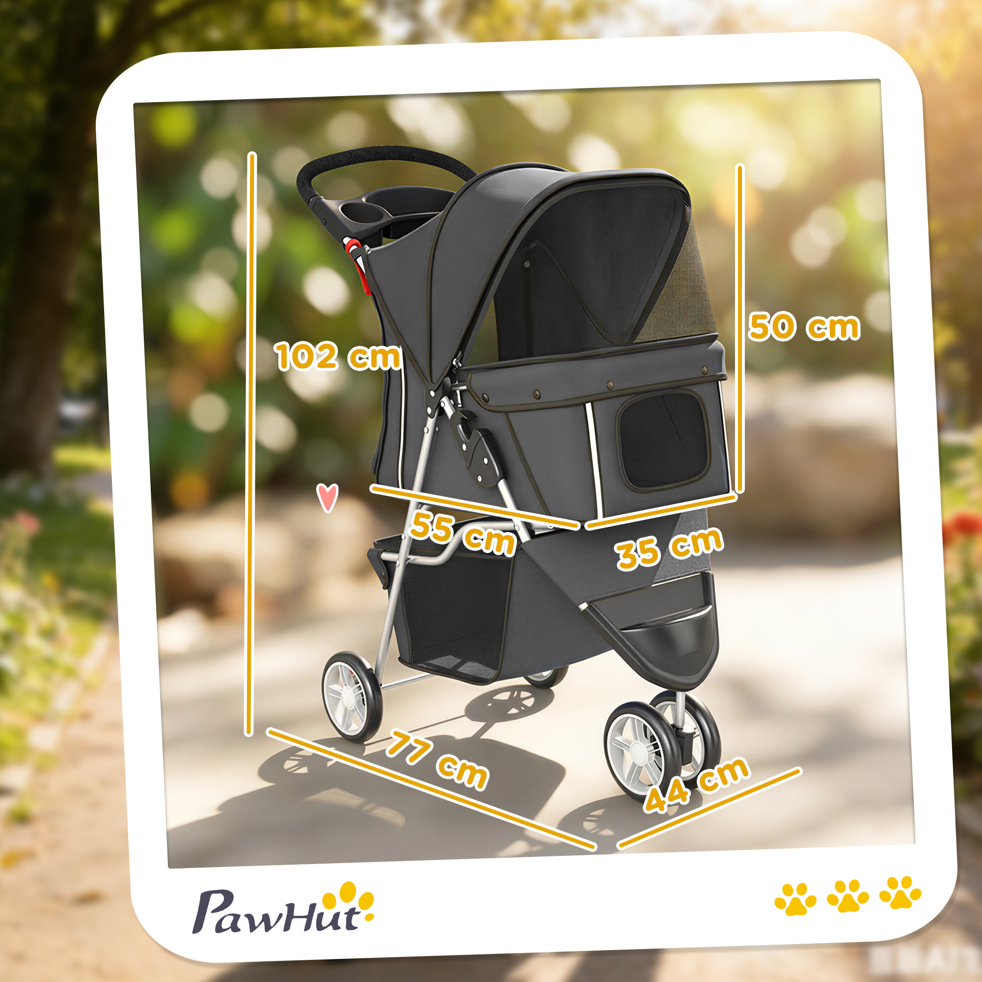 Faltbar Hundewagen mit verstellbarem Verdeck, Aufbewahrungskorb, für kleine Hunde bis 10kg, 77 x 44 x 102 cm Dunkelgrau