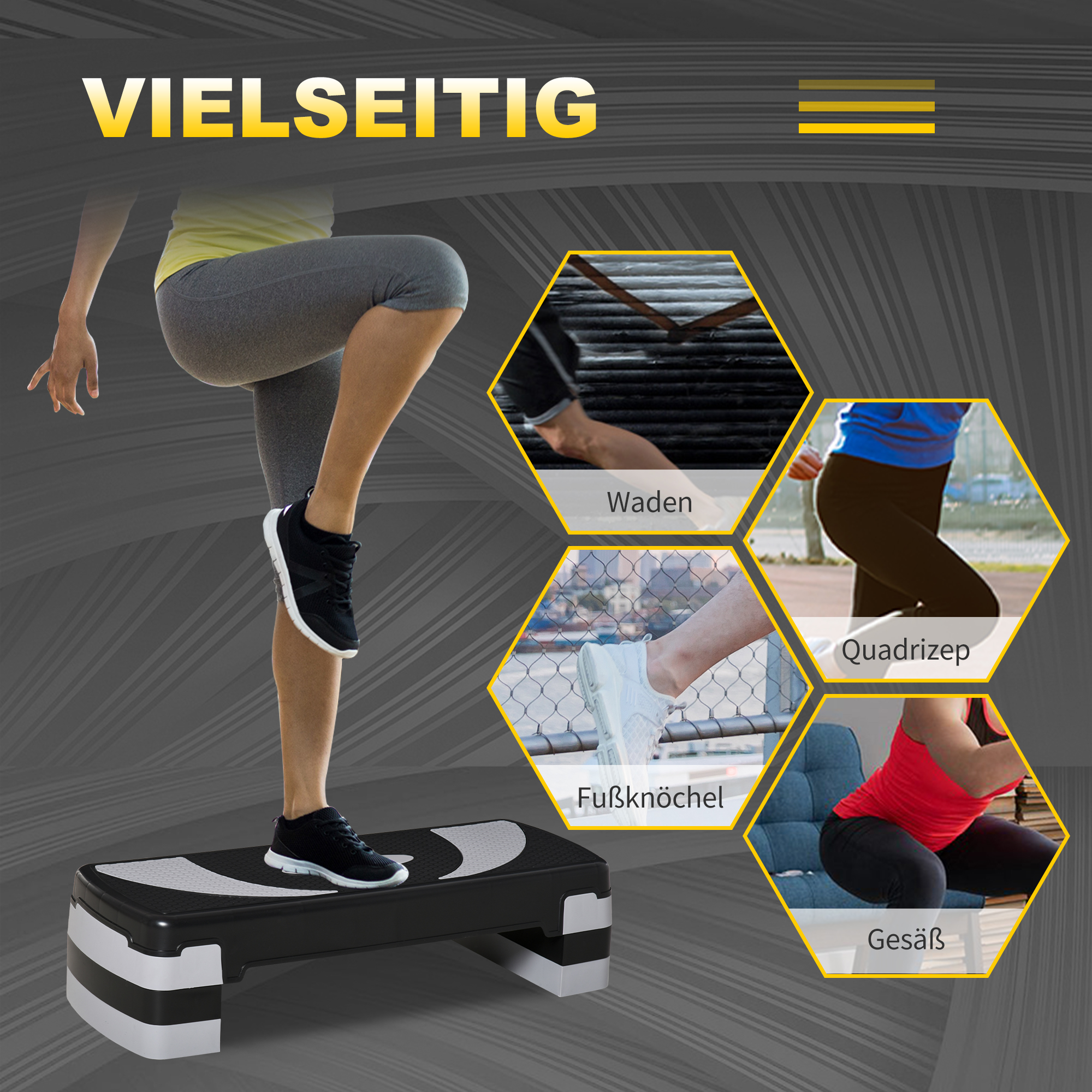 Aerobic-Stepper 3-stufig höhenverstellbar 80 x 31 x 20 cm Schwarz+Grau