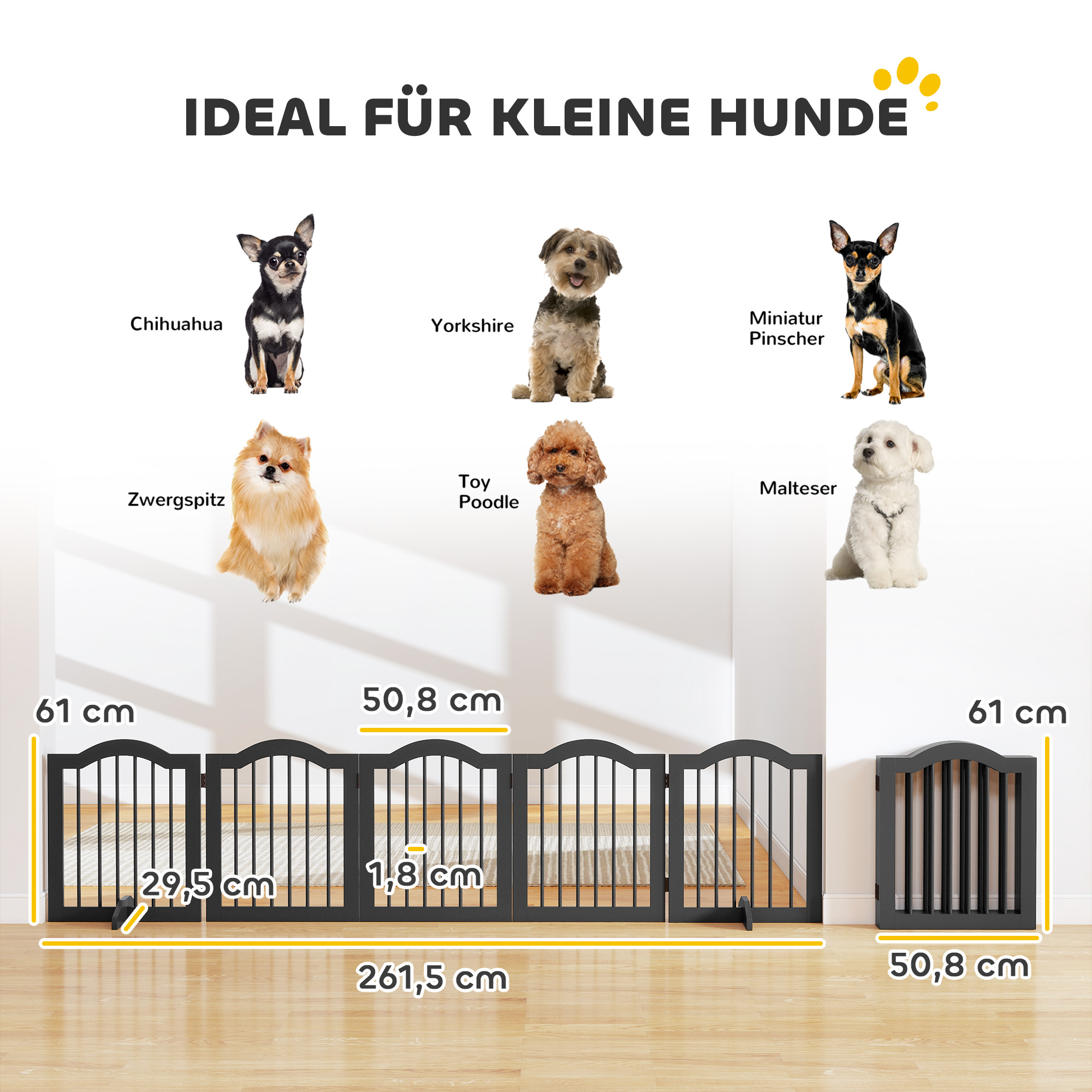 Absperrgitter Hund Freistehendes Schutzgitter mit Füßen, Klappbar Hundegitter, 5 Paneelen, 261,5 x 29,5 x 61 cm, Schwarz