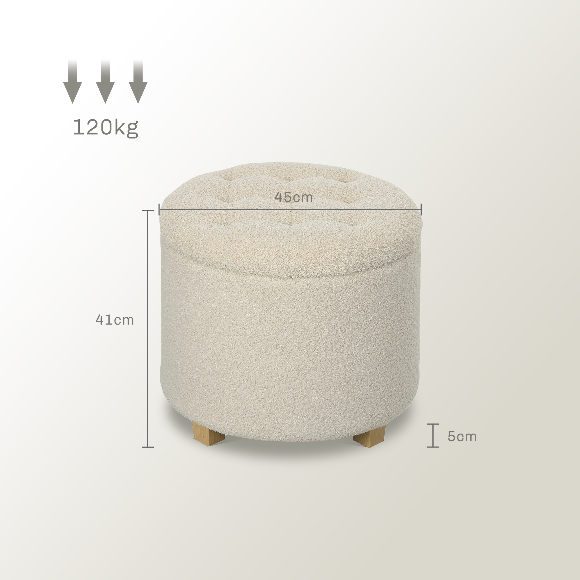 runder Sitzhocker mit Stauraum, Deckel und Holzbeinen, Fußhocker für Wohnzimmer, Flur, Schlafzimmer, Cremeweiß