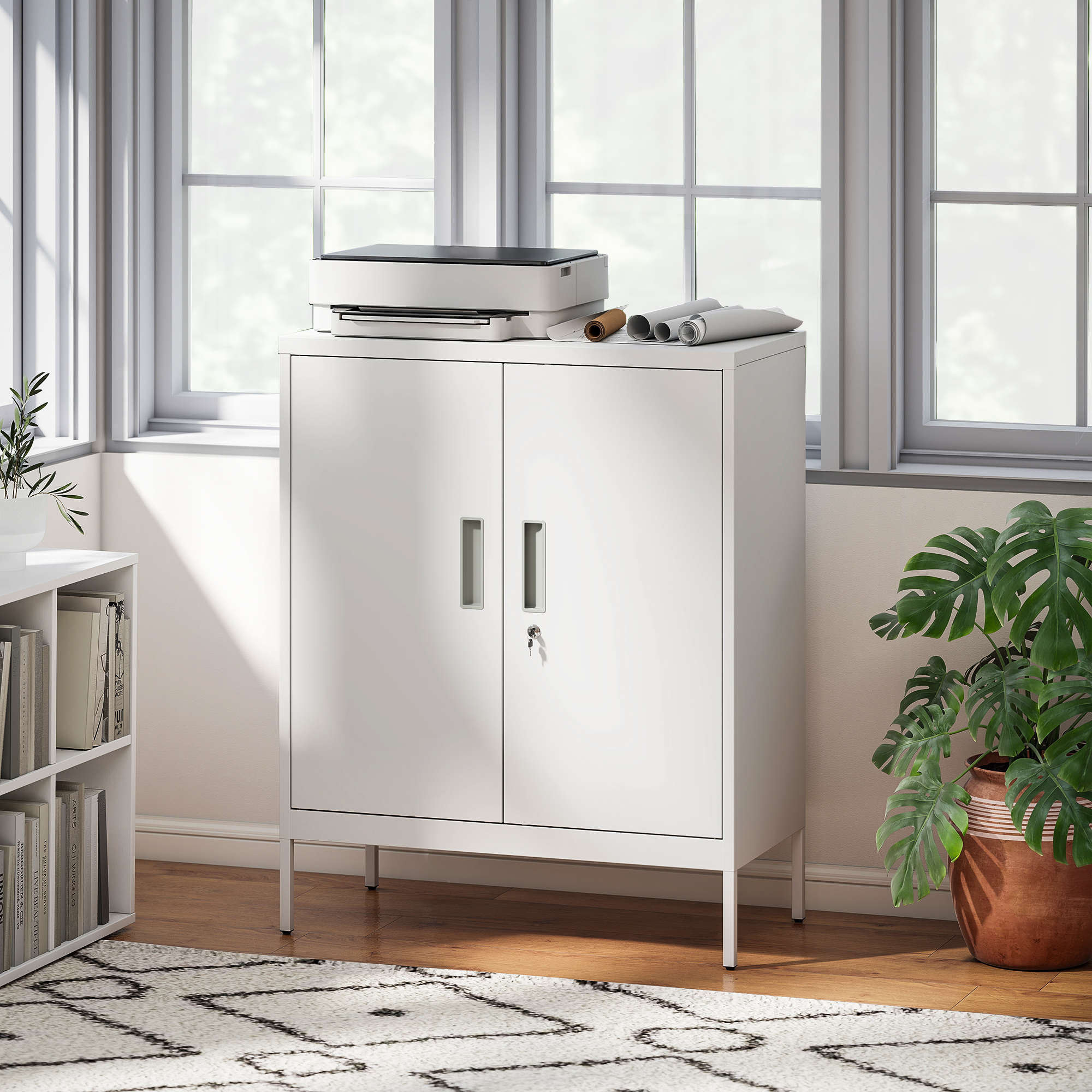 Verschließbarer Stahlschrank mit 2 Türen, Büroschrank, verstellbare Regale, für Homeoffice, Wohnzimmer, Garage, Weiß