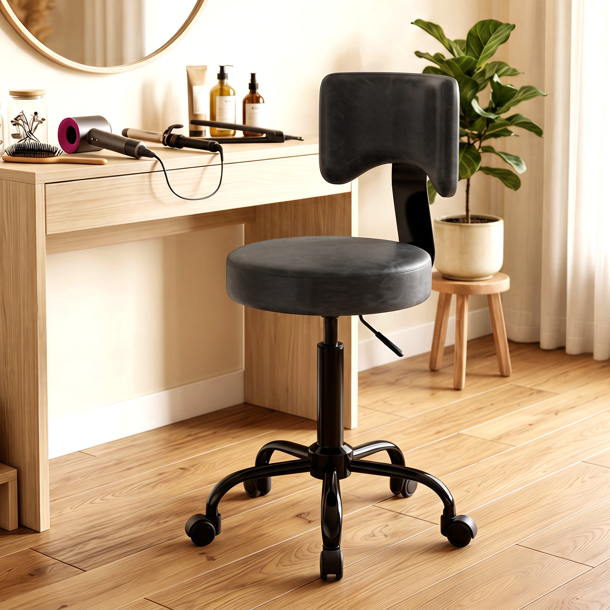 Rollenhocker, höhenverstellbar 72-87,5 cm, Massagethocker mit gepolsterter Sitzfläche und Rückenlehne, 360° drehbar, Schwarz