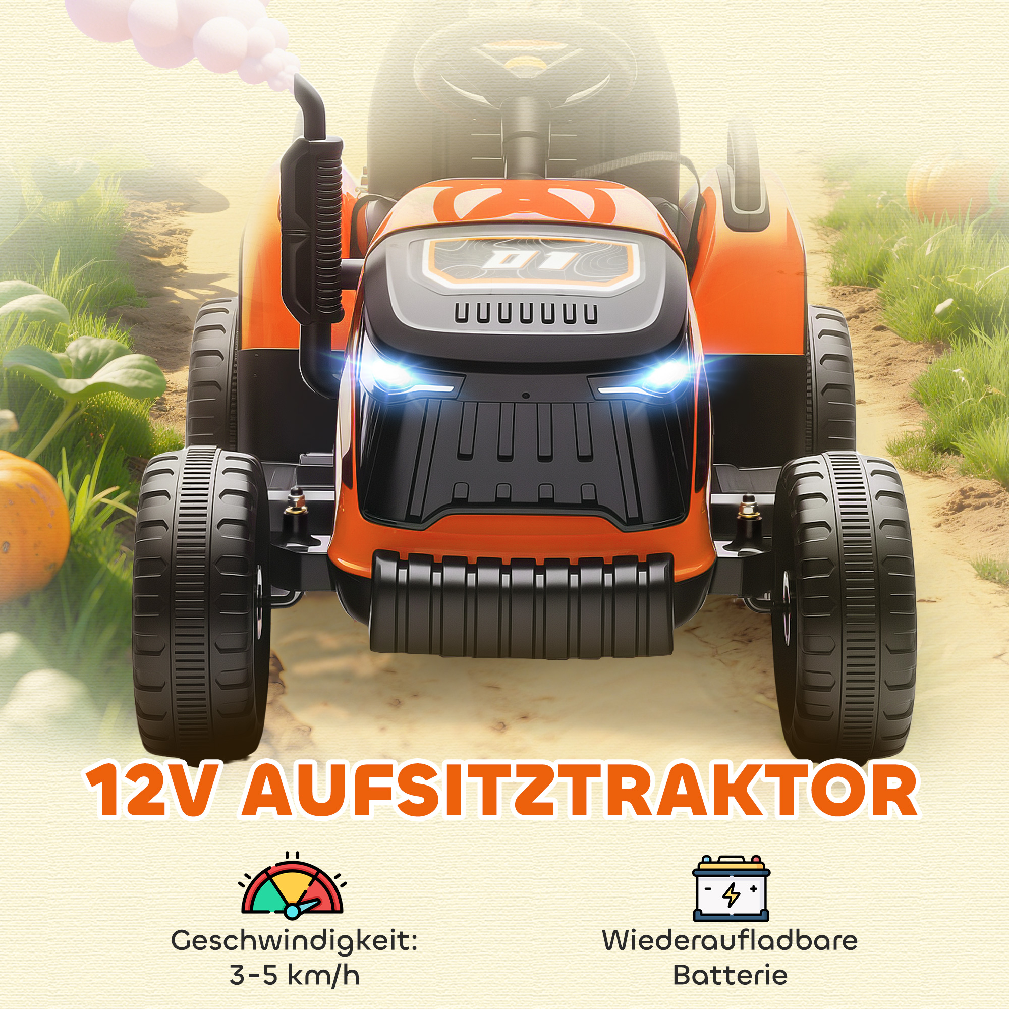 Kinderfahrzeug, Aufsitz-Traktor mit Fernbedienung, Soft-Start, für Kinder im Alter von 3-8 Jahren, Orange