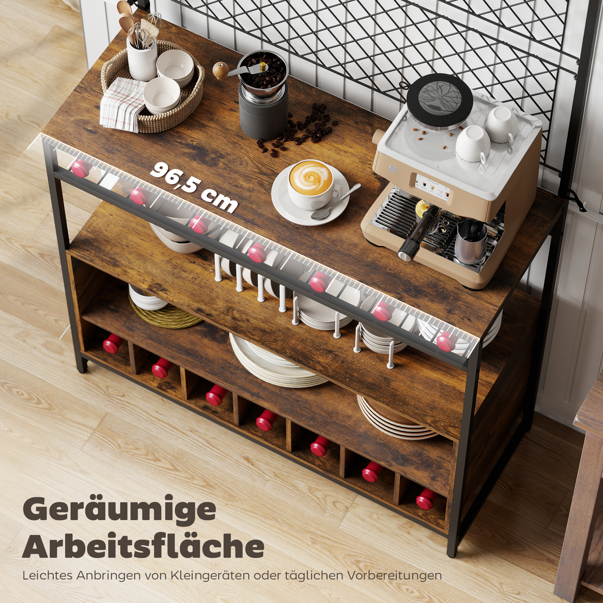 Küchenregal mit Arbeitsfläche, Metallgitterpaneele, 5 Haken, Küchenschrank für Gewürze, Töpfe, Pfannen, Braun