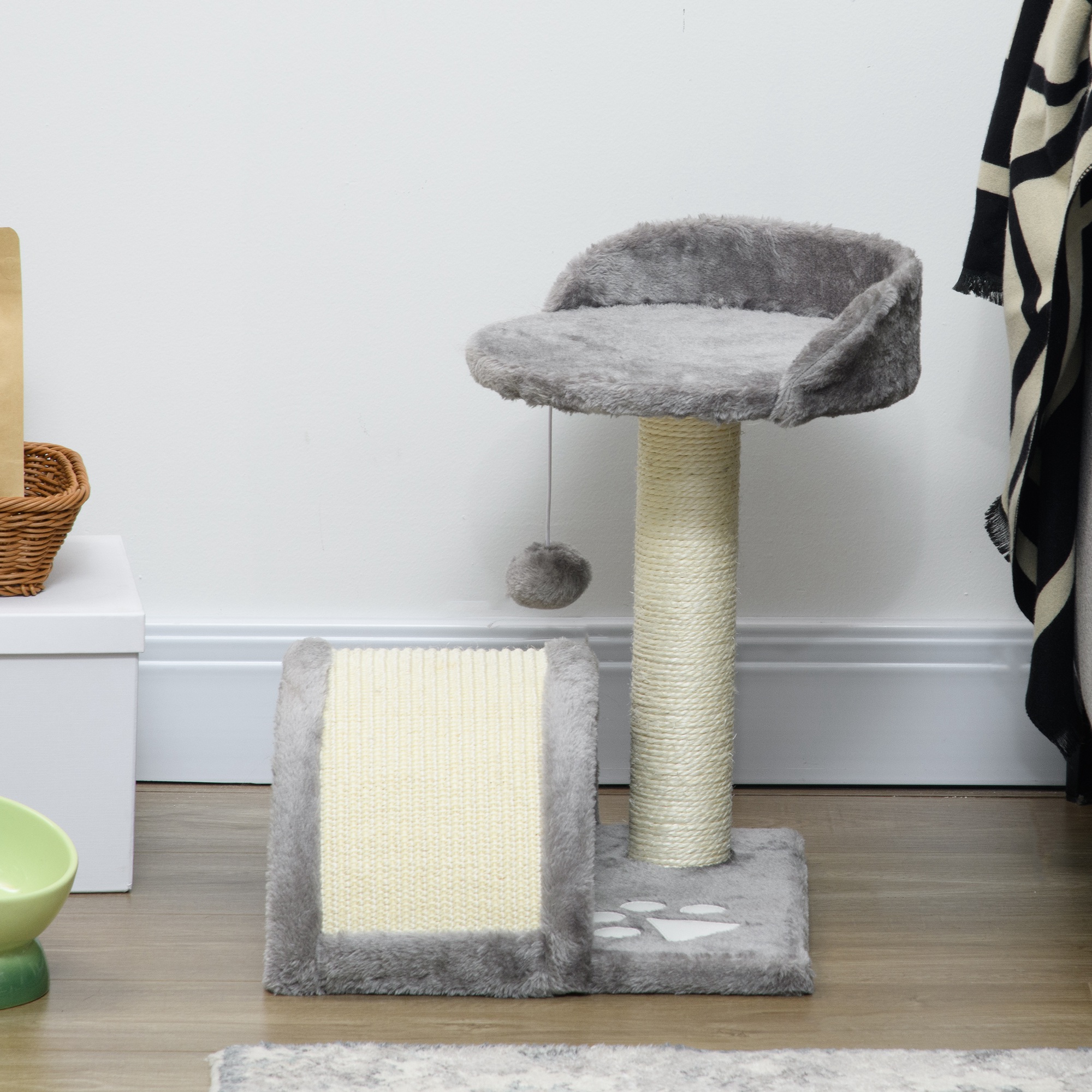 Kratzbaum 46 cm Kleiner Katzenturm mit Höhle, Spielball, Sisal-Seil, erhöhter Plattform, Katzenkratzbaum, Kletterbaum, für Katzen bis zu 4 kg, Grau