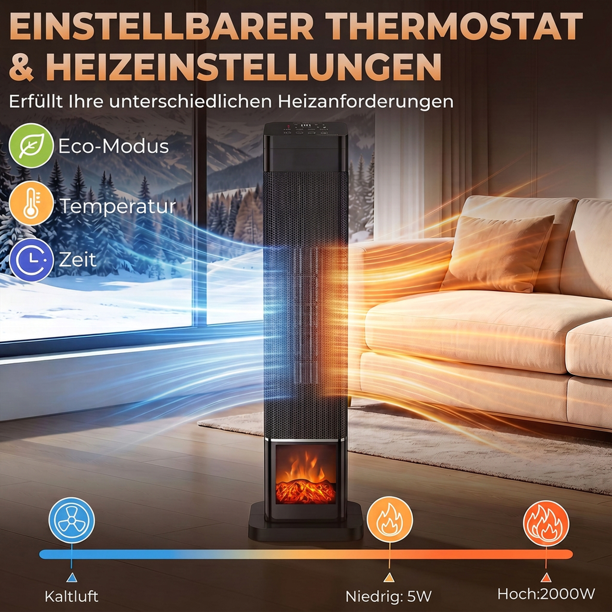 Heizlüfter 2000W Keramik Flammeneffekt Thermostat Elektroheizung Fernbedienung Schwarz