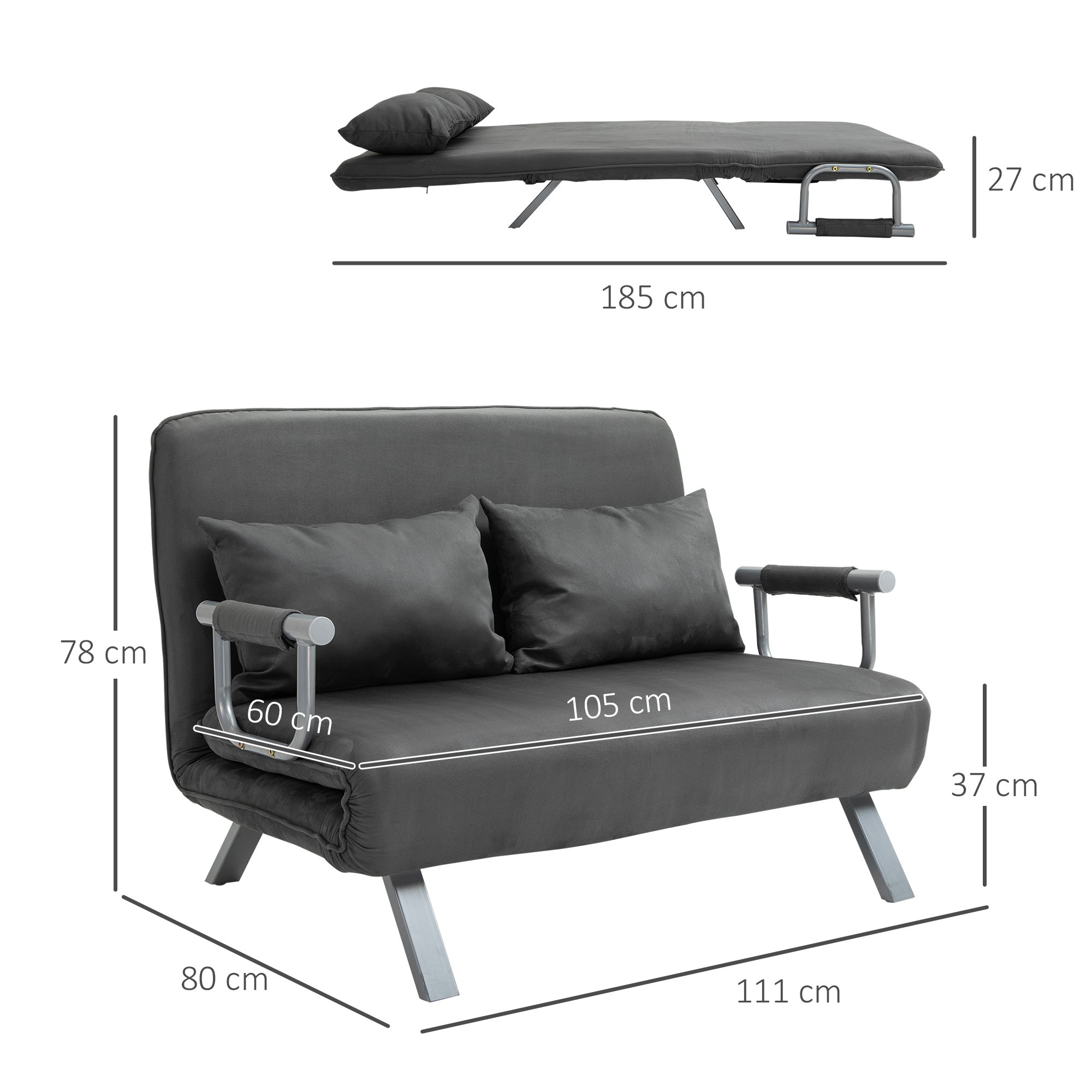 3 in 1 Schlafsofa 185x105cm Schlafcouch mit 5-stufig Verstellbarer Rückenlehne, Wurfkissen, 2 Sitzer Sofa mit Schlaffunktion, Samtoptik, Chaiselounge für Wohnzimmer, Schlafzimmer, Grau