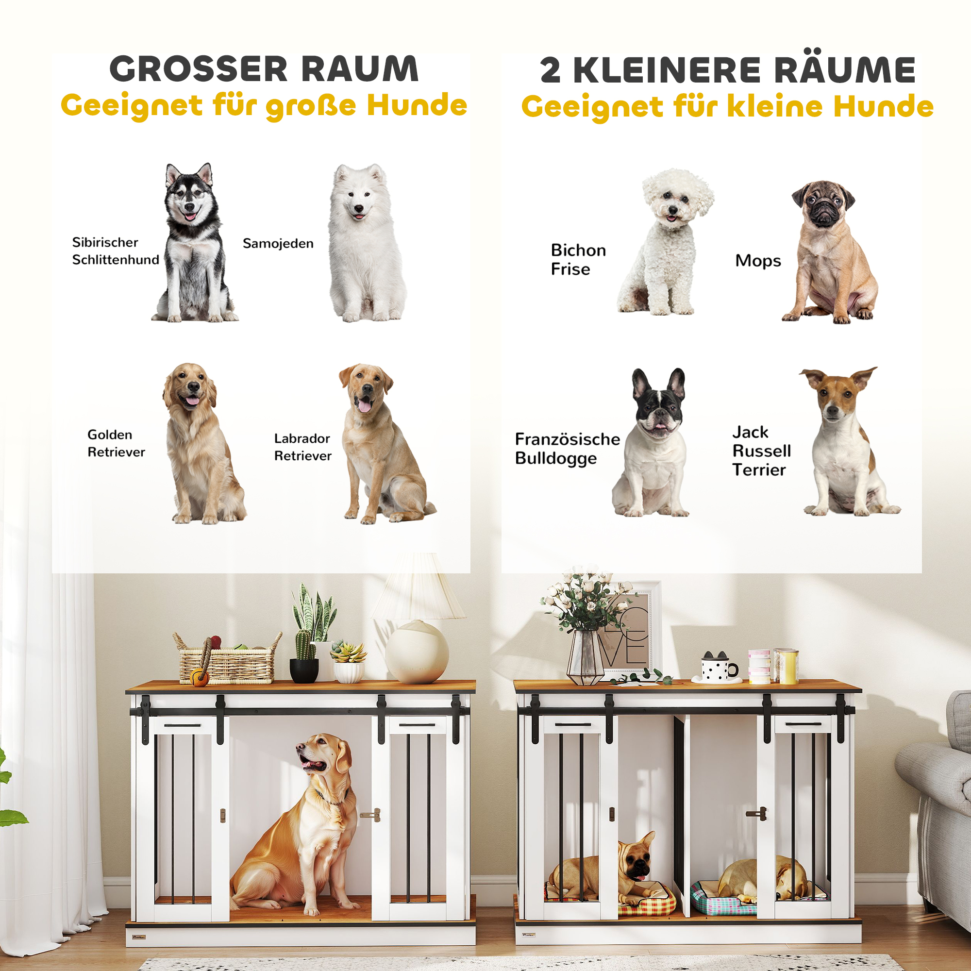 Hundekäfig mit 2 Türen, Hundebox, Transportbox für Hunde, rustikales Design, verriegelbar, Weiß