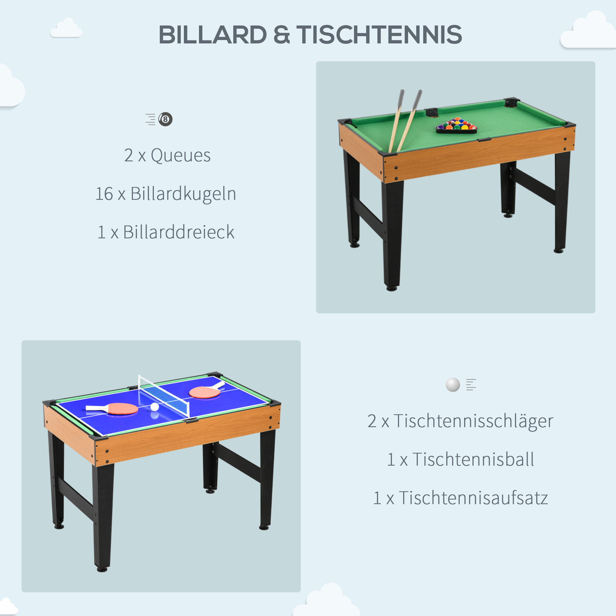 4-in-1 Partyspieltisch inkl. Tischtennis, Kicker, Billard, Tischhockey, Metall, Holz, Natur+Schwarz