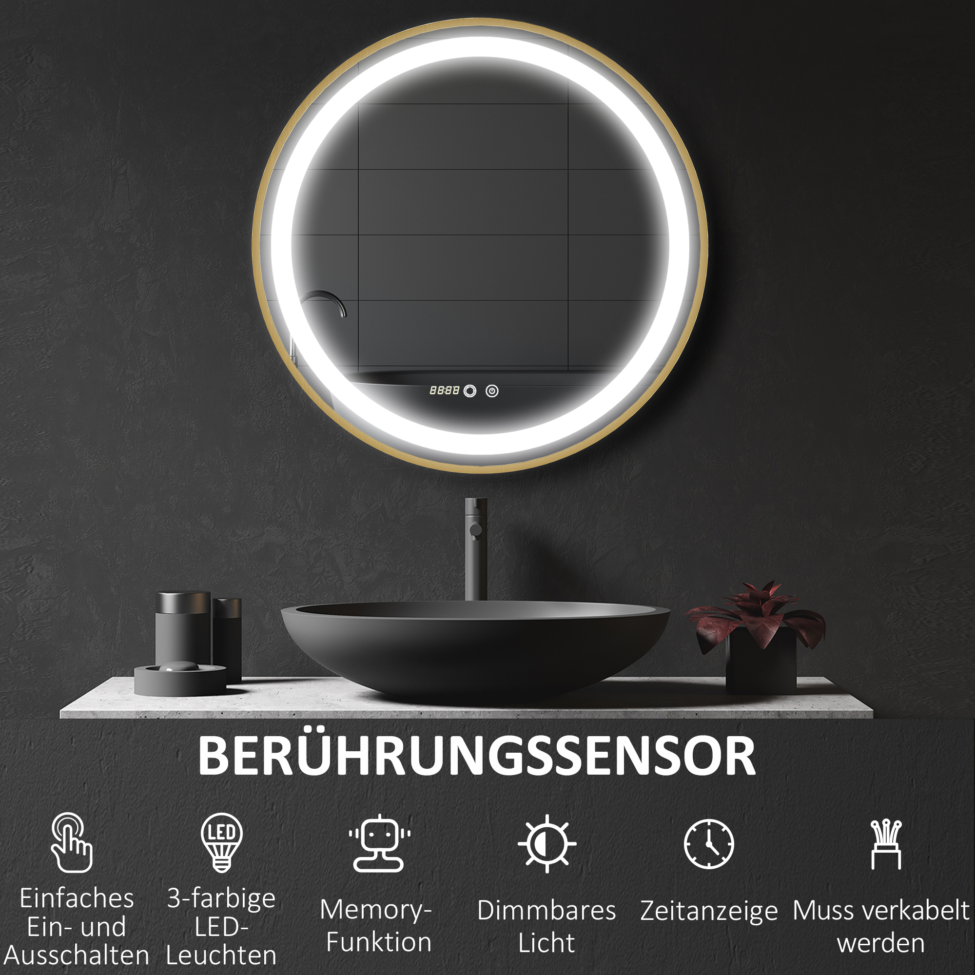 Runder Spiegel mit LED-Beleuchtung, Uhrzeitanzeige, Memoryfunktion, Gold + Silber