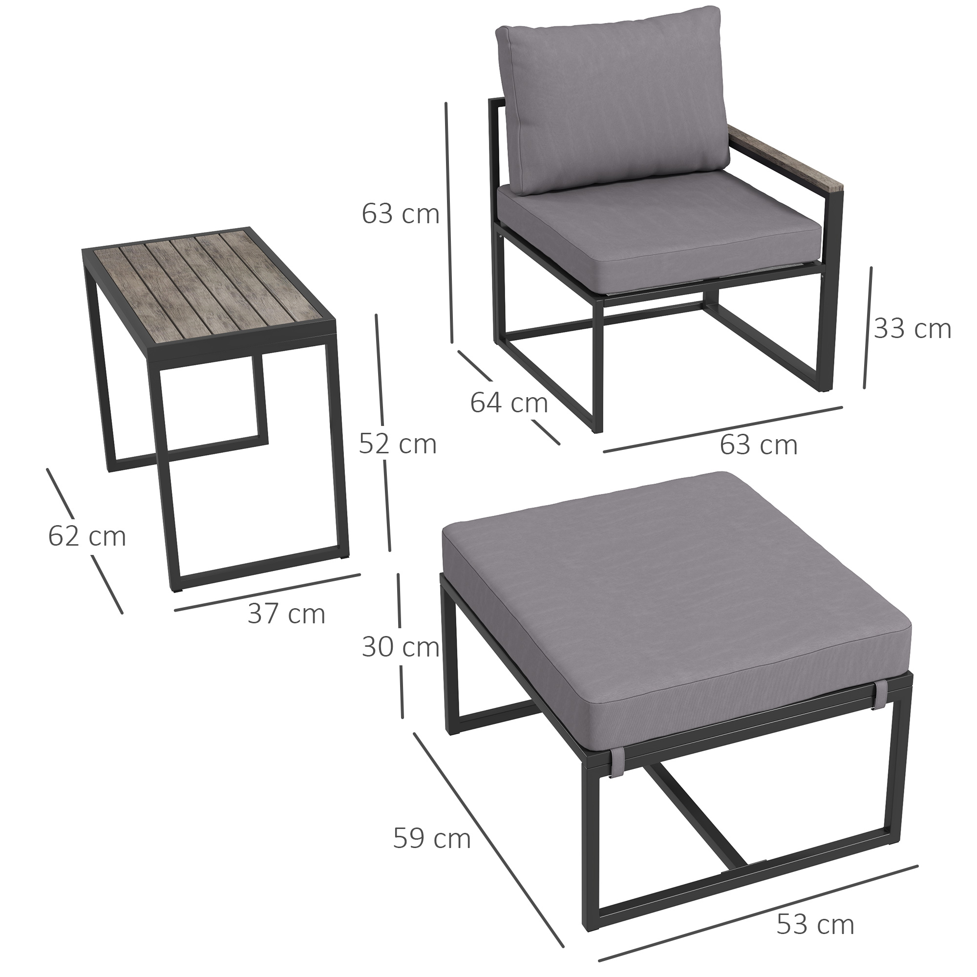 Stahl Gartenmöbel Set 2 Personen wetterfest Balkonmöbel-Set mit 2 Sessel Sitzkissen Beistelltisch Grau