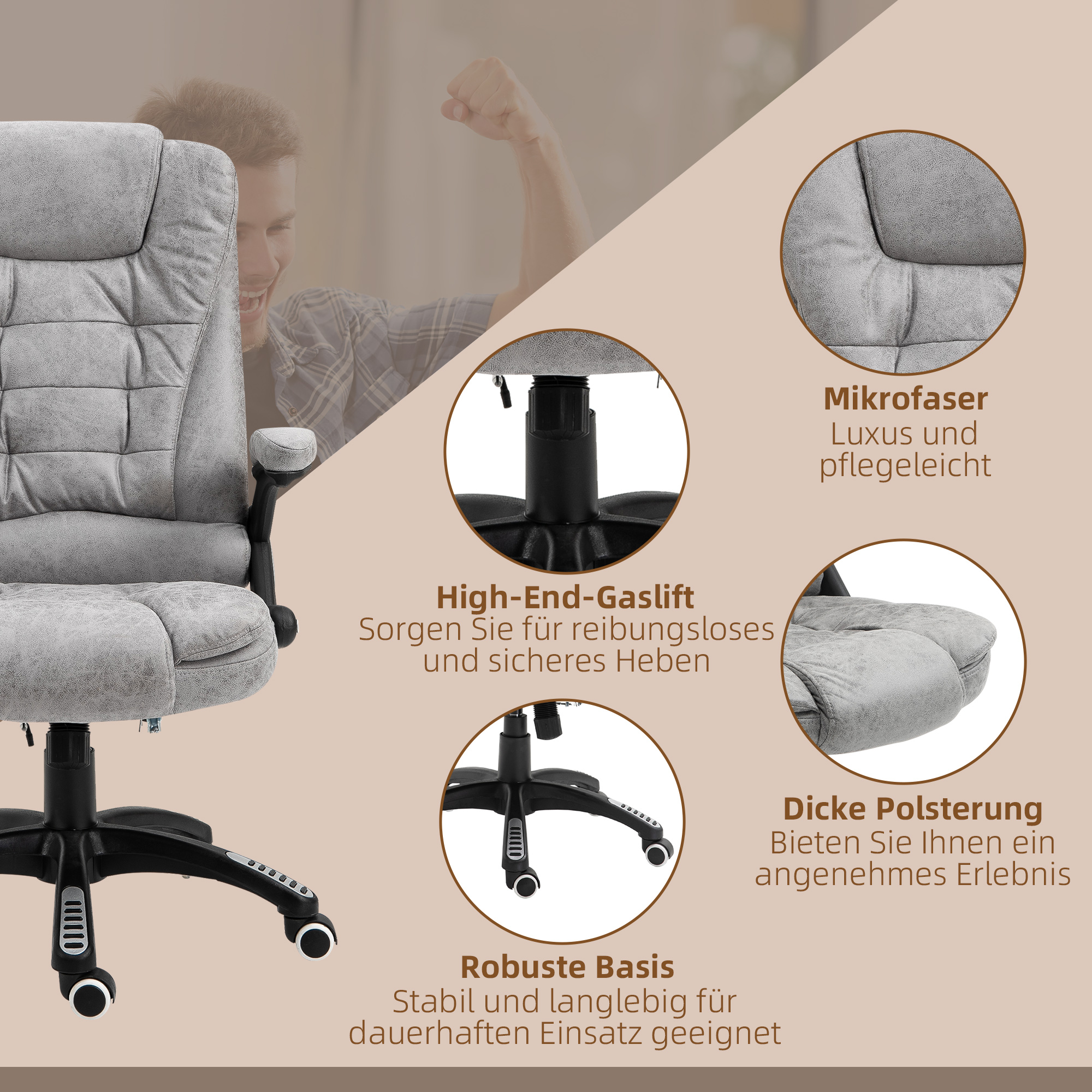 Chefsessel mit Massage- & Wärmefunktion, ergonomisch, verstellbar, bis 120kg, Grau