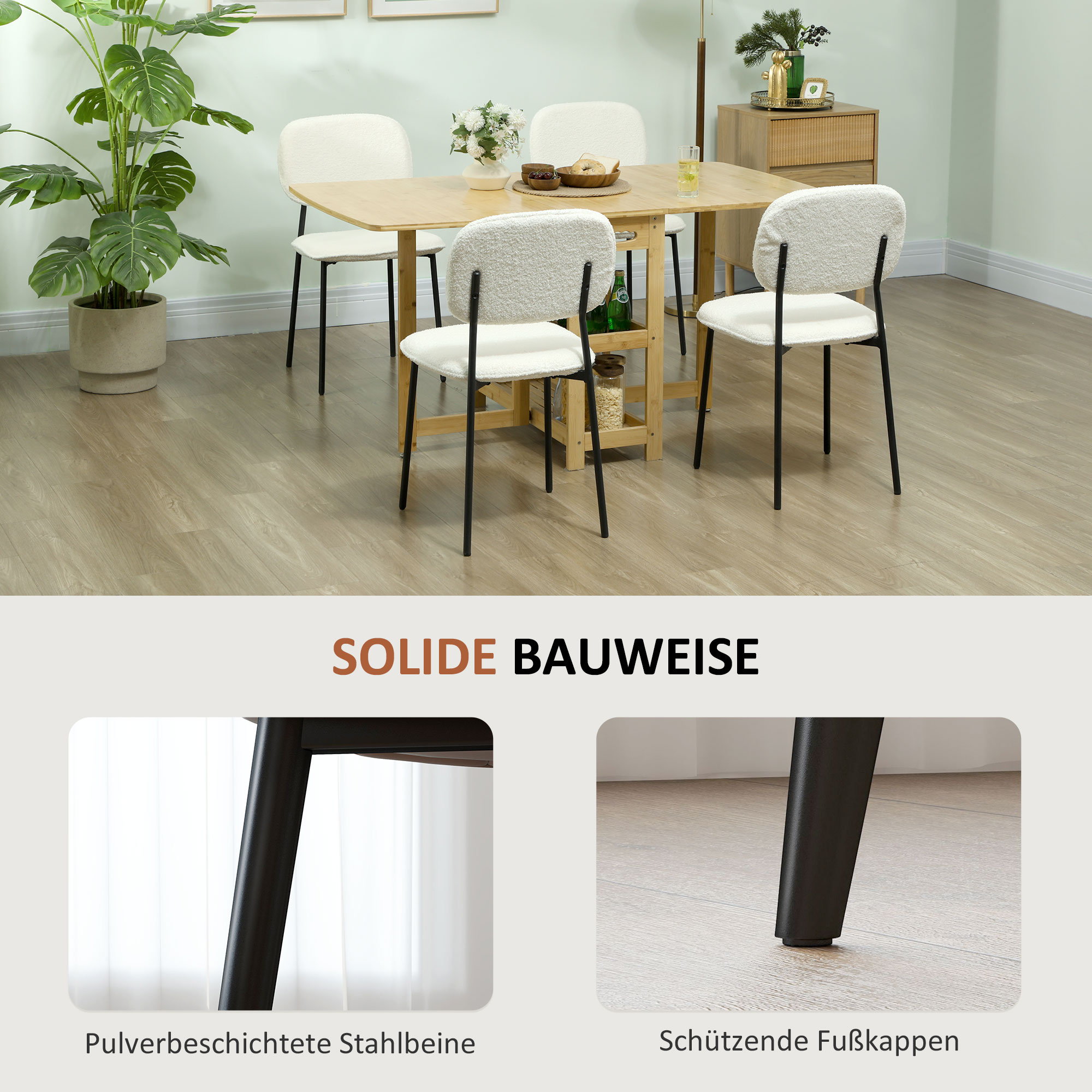 4er-Set Esszimmerstühle, weicher Stoffbezug, Stahlbeine, armloses Design, Weiß