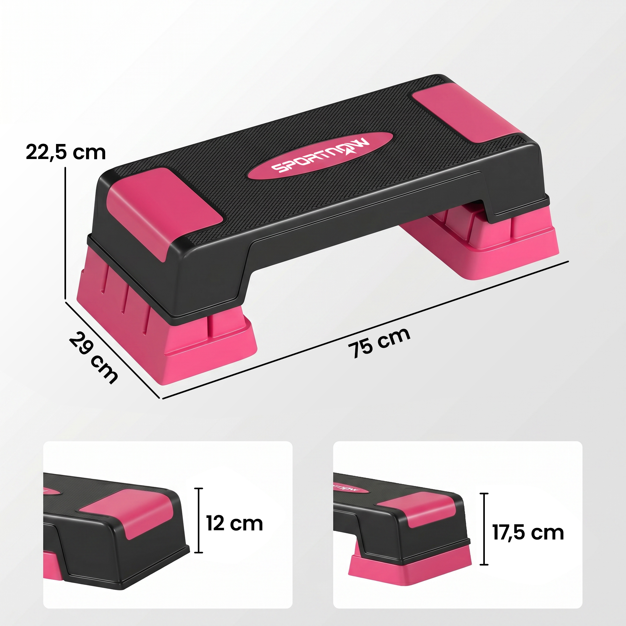 Steppbrett höhenverstellbar Fitness Aerobic Stepper mit 3 Stufen (12/17,5/22,5 cm), Anti-Rutsch-Matte Schwarz+Rosa