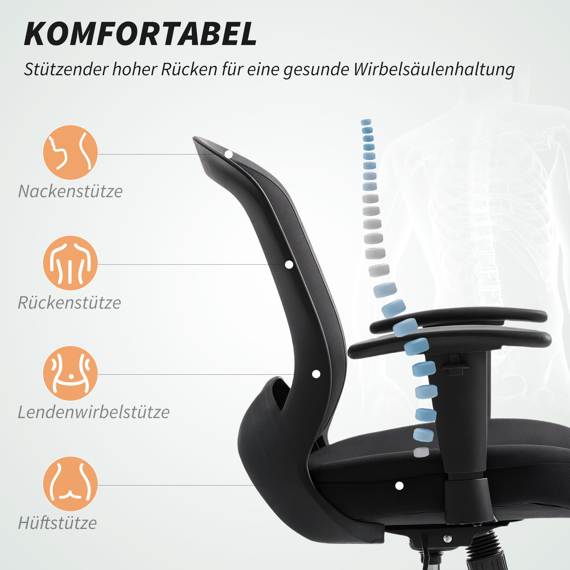 Netz-Bürostuhl, verstellbarer Schreibtischstuhl mit Netzstoff-Rückenlehne, rollbar, mit Kippfunktion, Schwarz