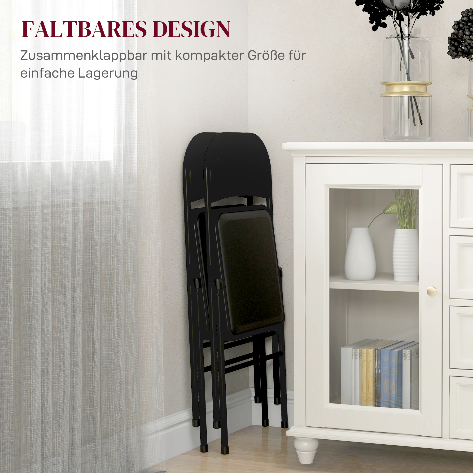 2er-Set Klappstühle, Tragbare Bürostühle, Metallbeine, Faltstuhl für Büro, Empfang, Wartezimmer, Kunstleder, Schwarz