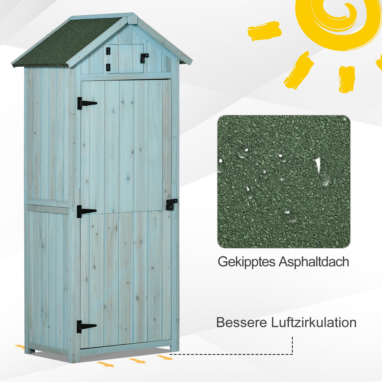 Gartenschrank Holz, Geräteschuppen wetterfest 77x54,2x179cm, Gerätehaus mit Tür, Satteldach, Geräteschrank mit Böden, Werkzeugschrank Gartenschuppen für Garten, Terrasse, Hellblau+Grün