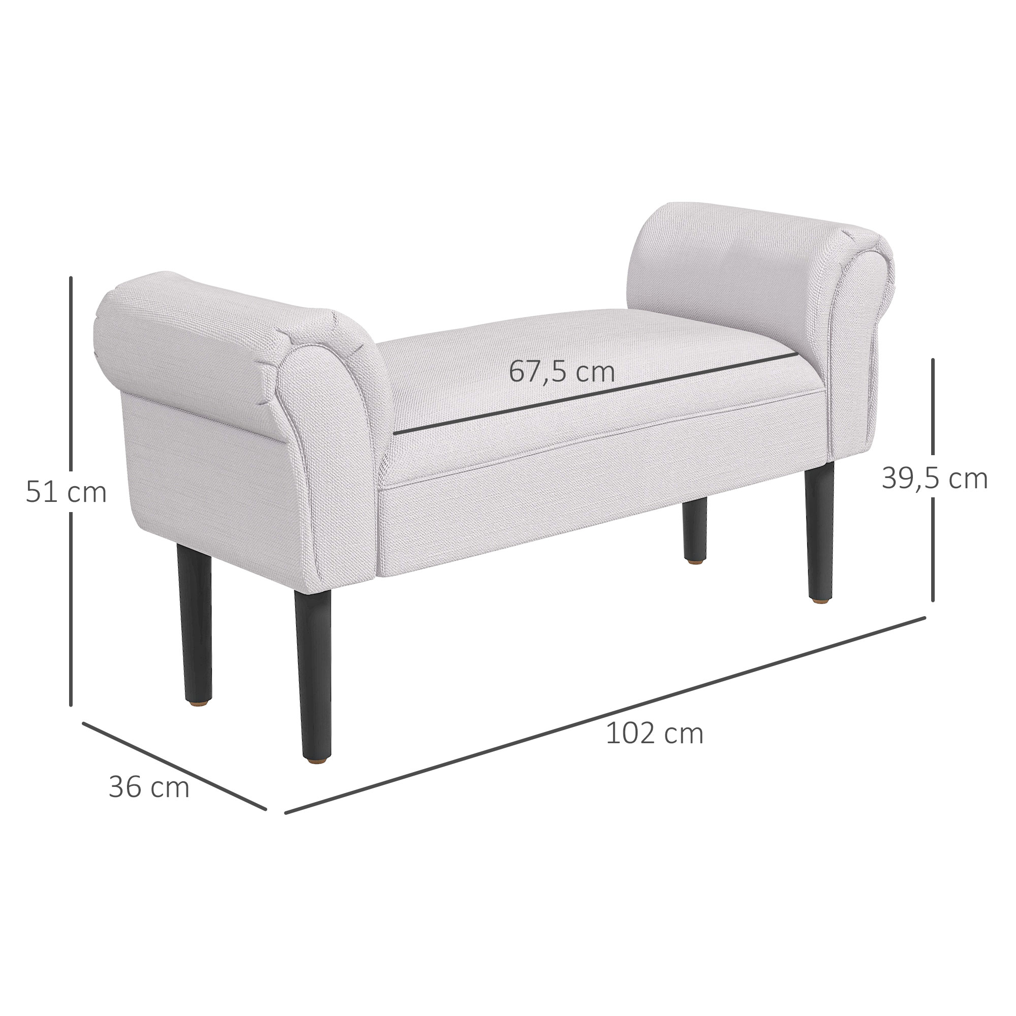 Bettbank, Polsterbank, Sitzbank, Flurbank für Schlafzimmer, bis 130 kg Belastbar, Segelstoff, Grau, 102 x 36 x 51 cm