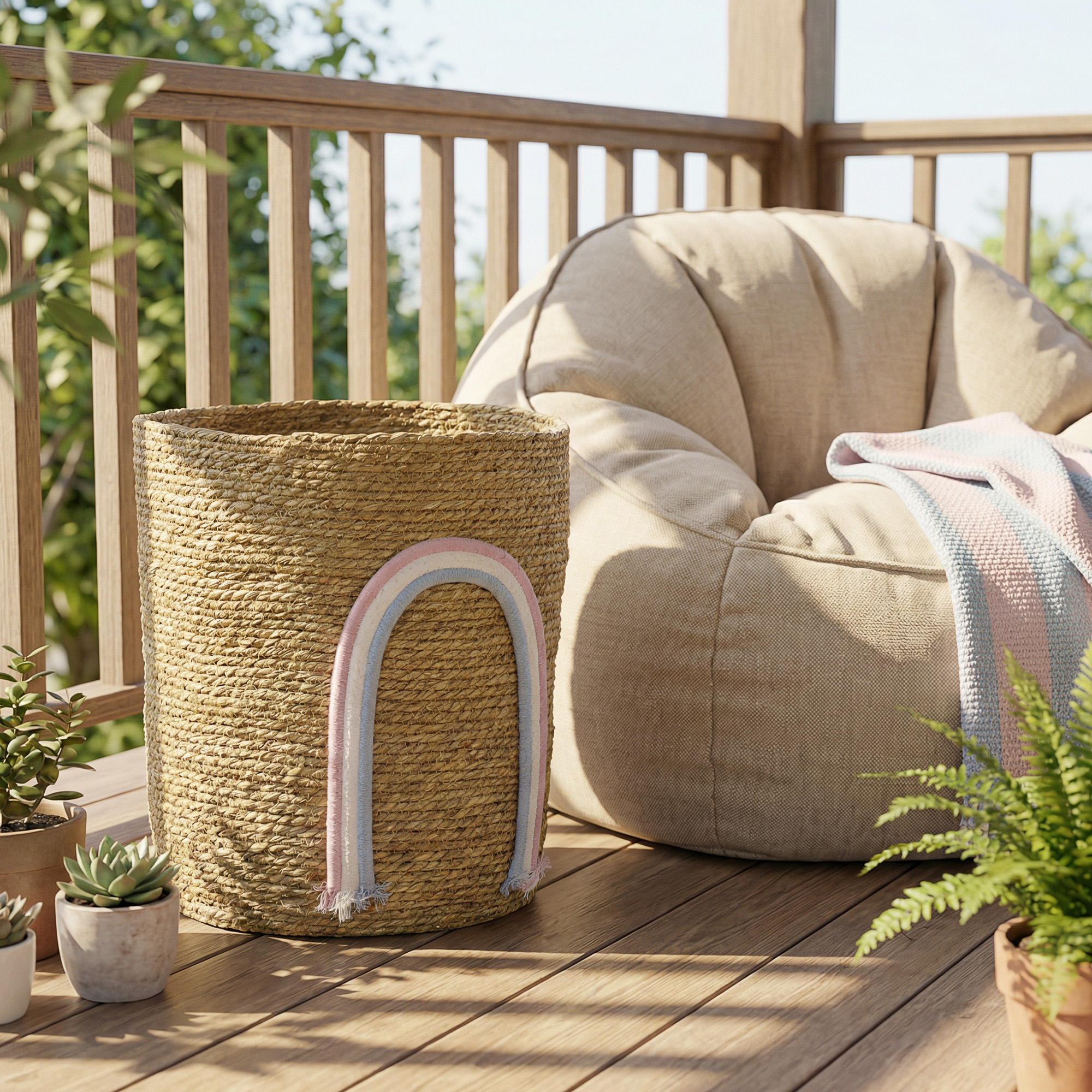 24,7L Aufbewahrungskorb mit Regenbogen-Dekoration, großer geflochtener Korb für Badezimmer, Schlafzimmer, Natur