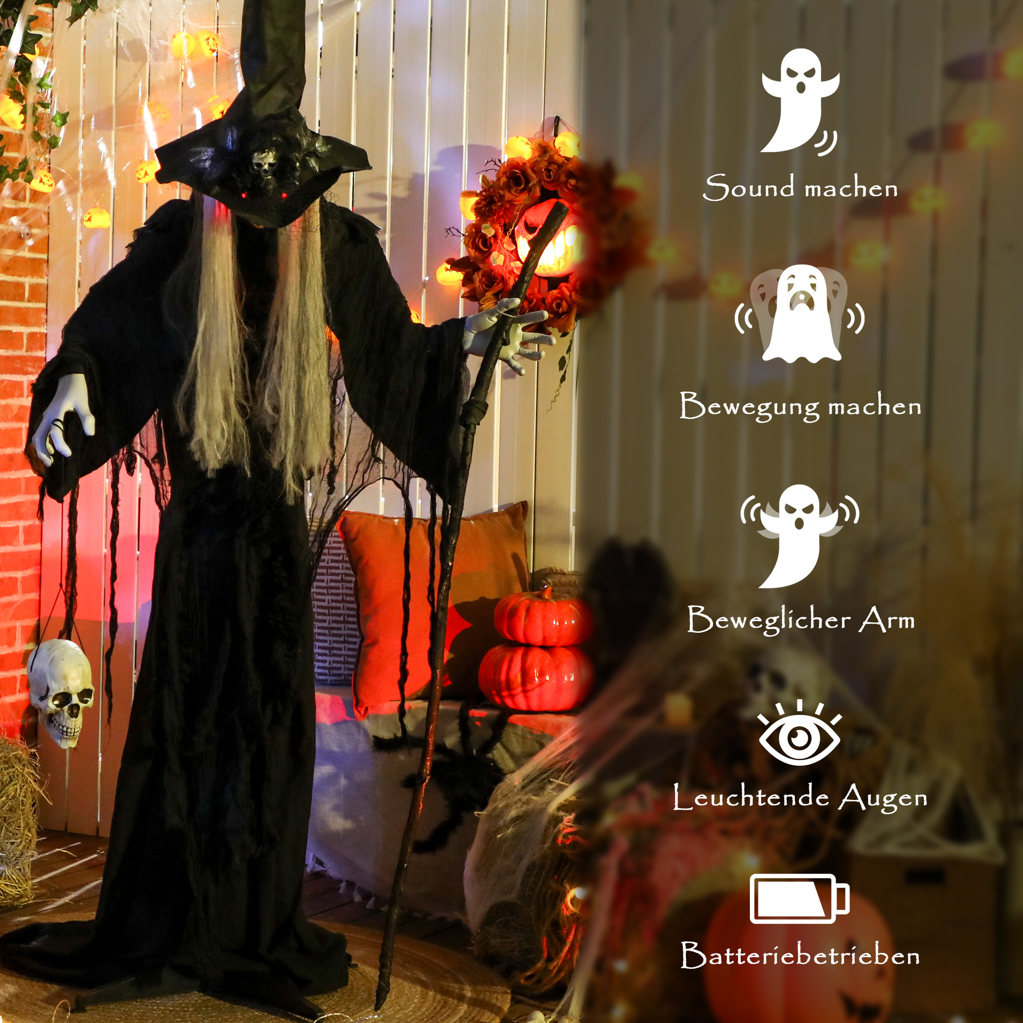 170 cm Halloween Dekoration Halloween Hexe mit LED-Lichter, Soundfunktion verstellbare Arme, Kopf